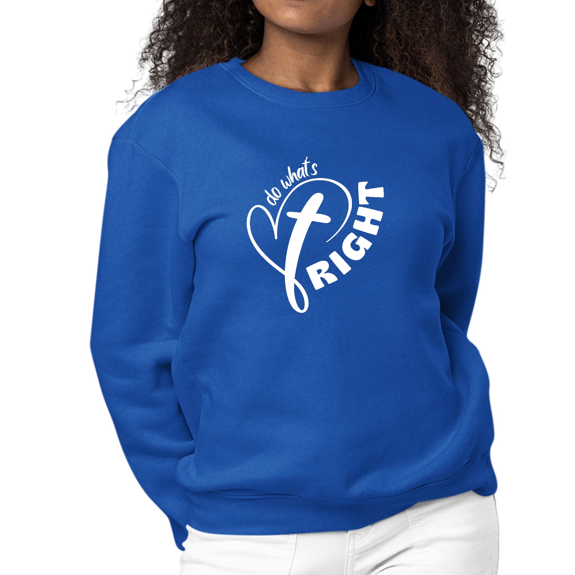 Women's long sleeve graphic sweatshirt featuring the phrase 'Say it Soul - do What's Right', designed for comfort and durability.