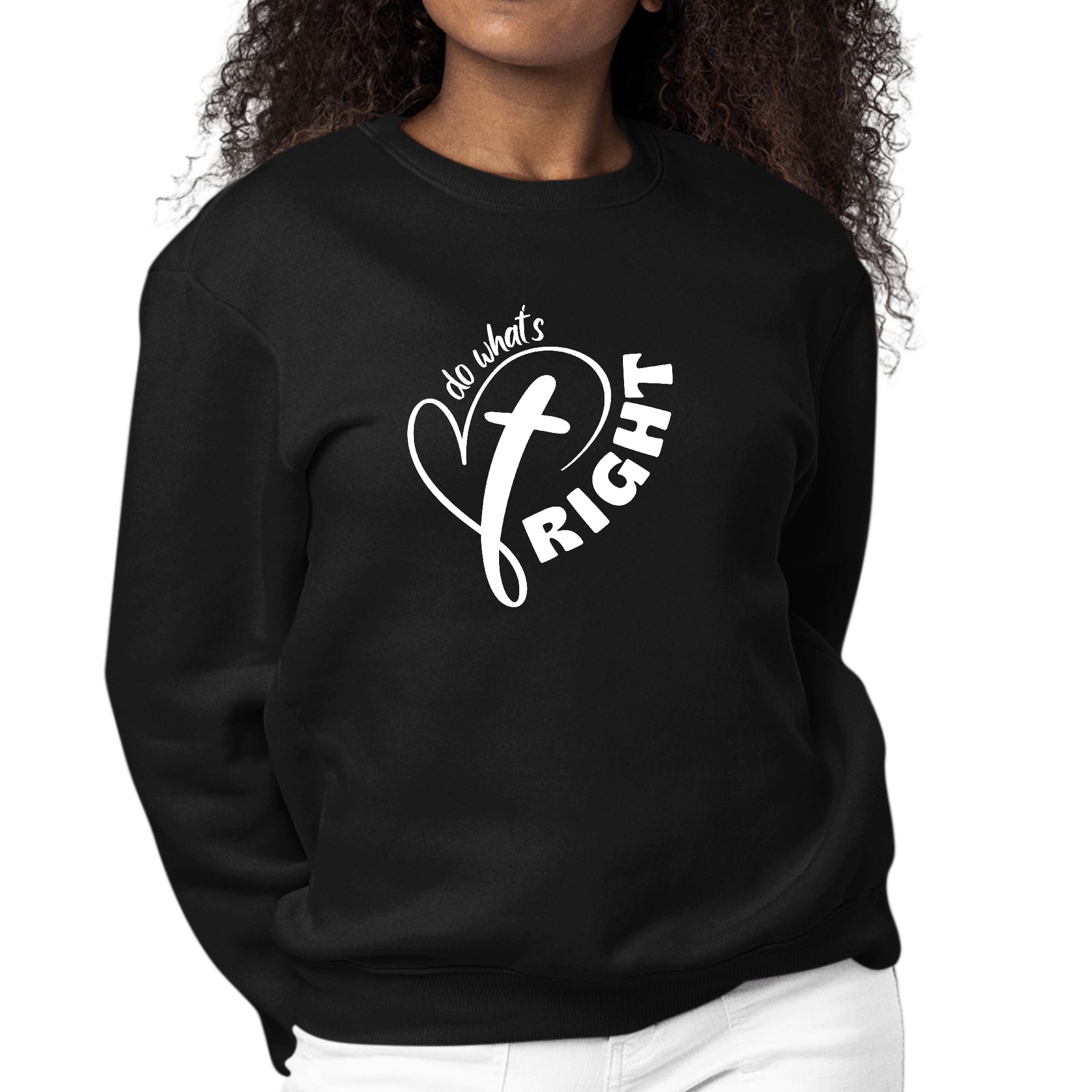 Women's long sleeve graphic sweatshirt featuring the phrase 'Say it Soul - do What's Right', designed for comfort and durability.