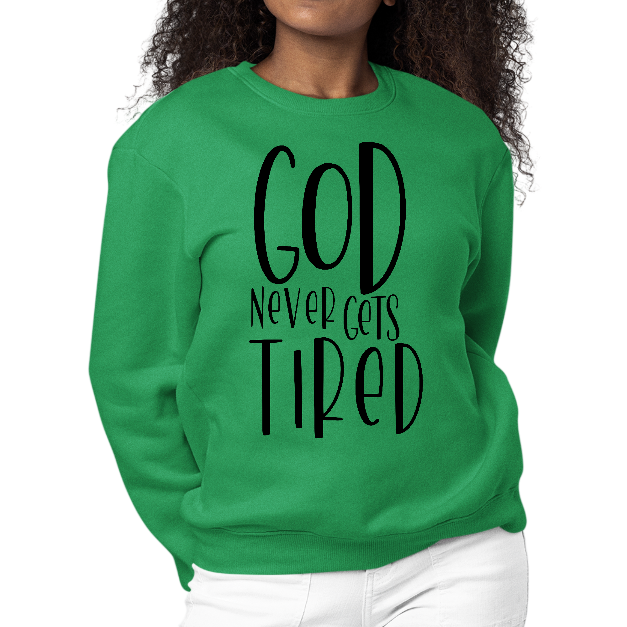 Black women's graphic sweatshirt featuring the quote 'God Never Gets Tired' in stylish font, designed for comfort and inspiration.