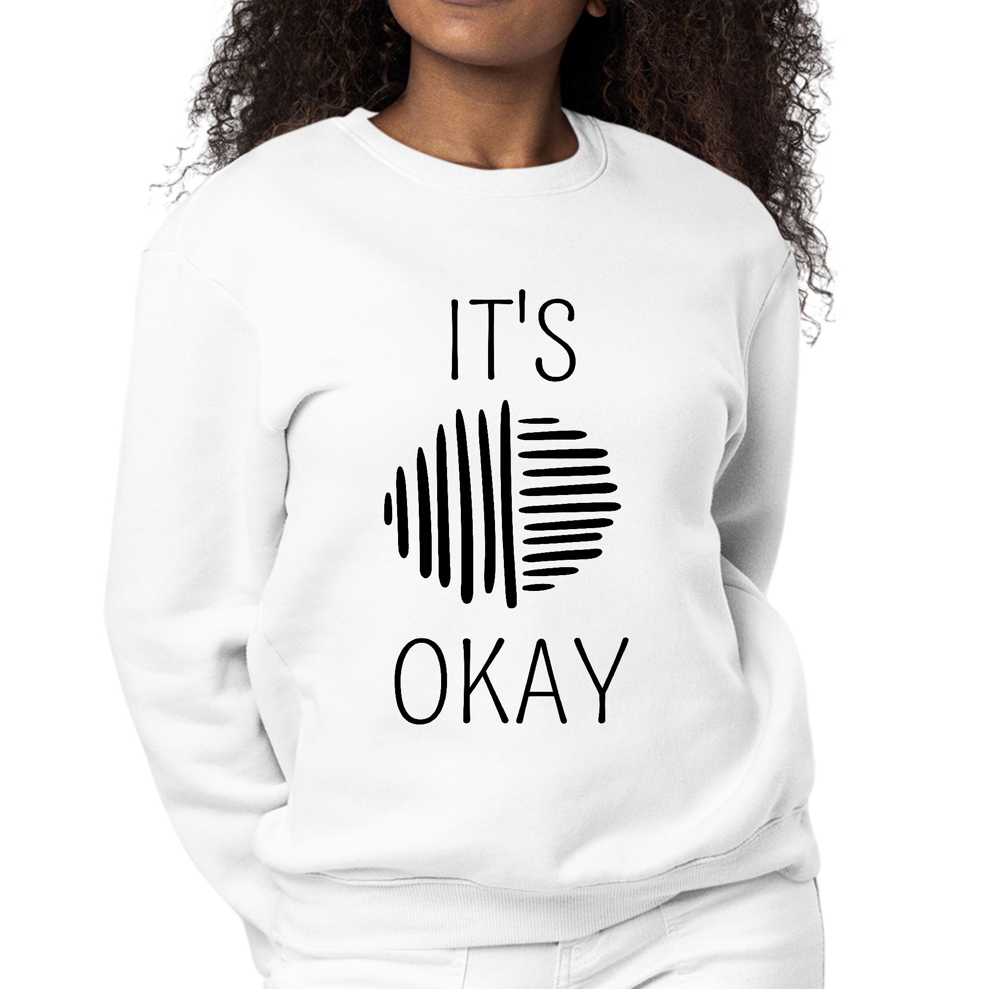 Womens Graphic Sweatshirt featuring black line art with the phrase 'Say It Soul, it's Okay', showcasing a cozy pullover style.