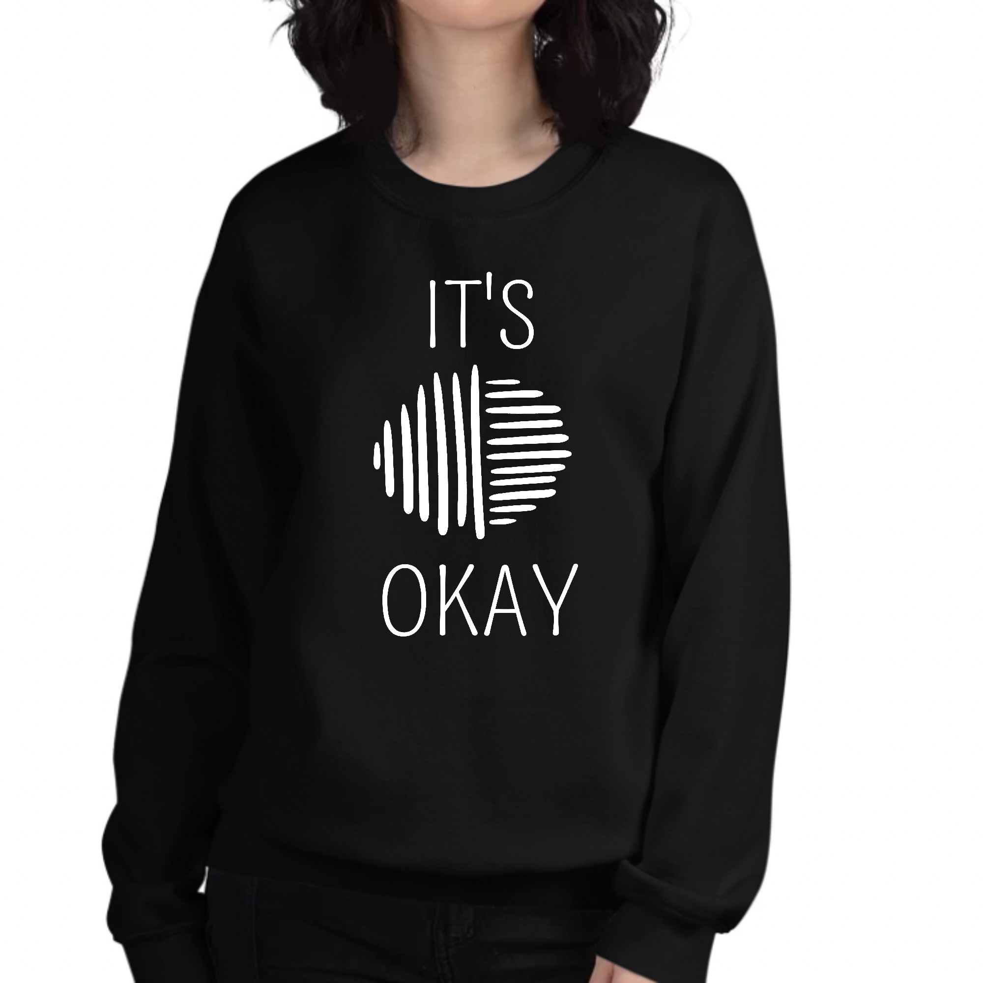 Women's graphic sweatshirt in white featuring 'Say it Soul, it's Okay' in elegant line art design, showcasing a comfortable fit.