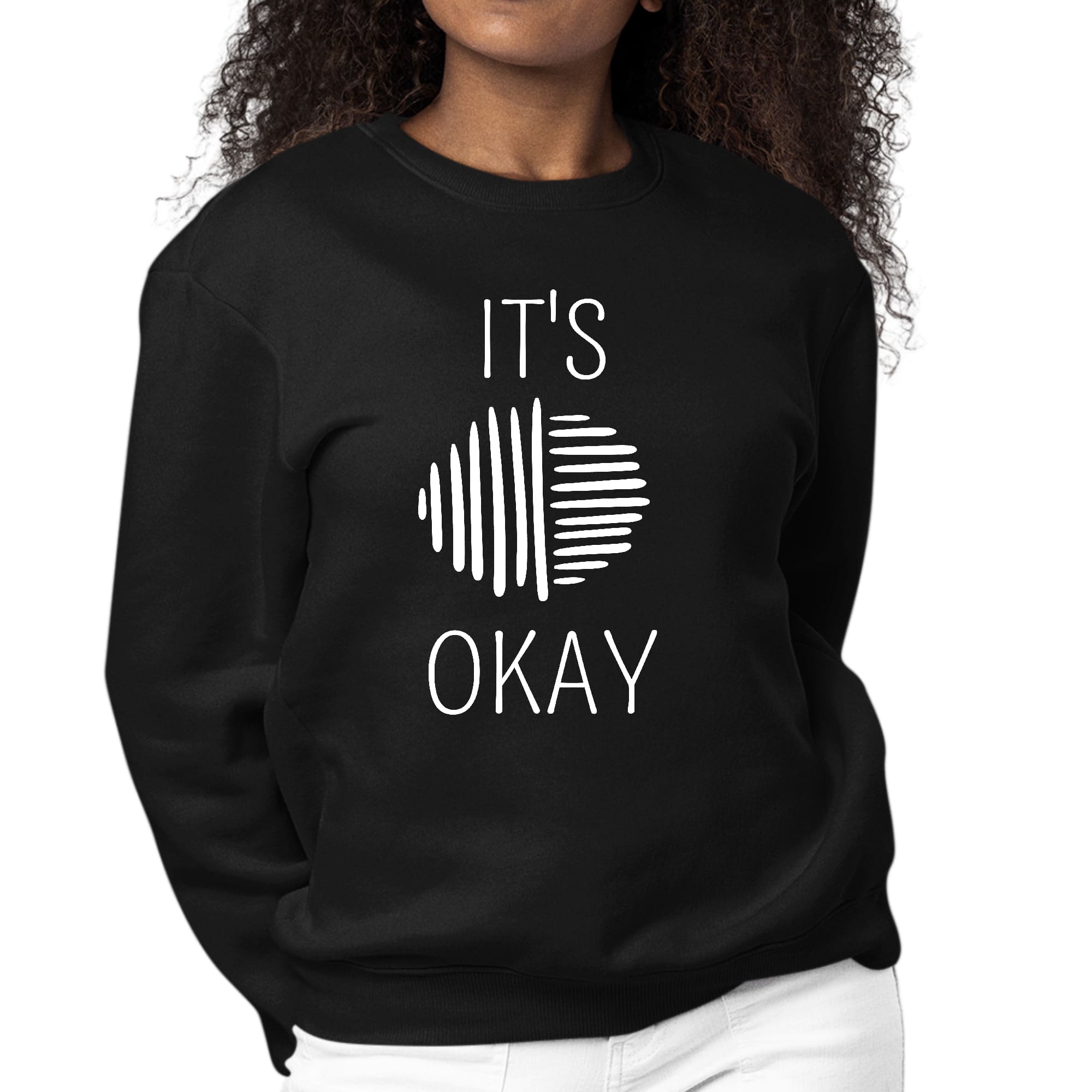 Women's graphic sweatshirt in white featuring 'Say it Soul, it's Okay' in elegant line art design, showcasing a comfortable fit.