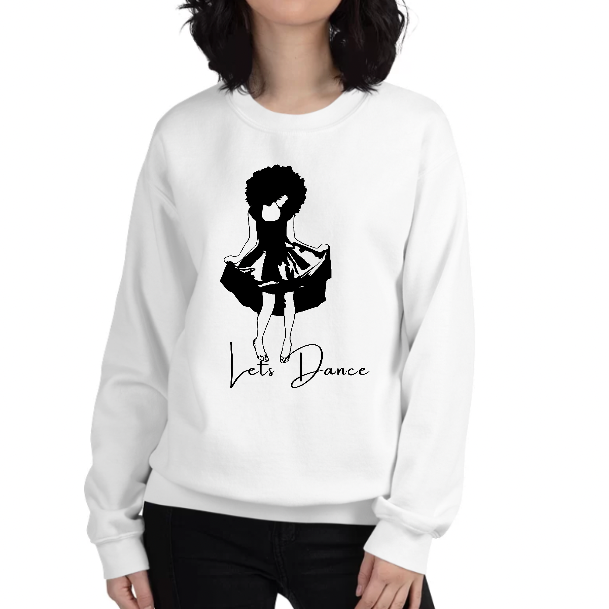 Womens Graphic Sweatshirt featuring black line art print with the phrase 'Say it Soul, Lets Dance', showcasing a stylish and comfortable design.