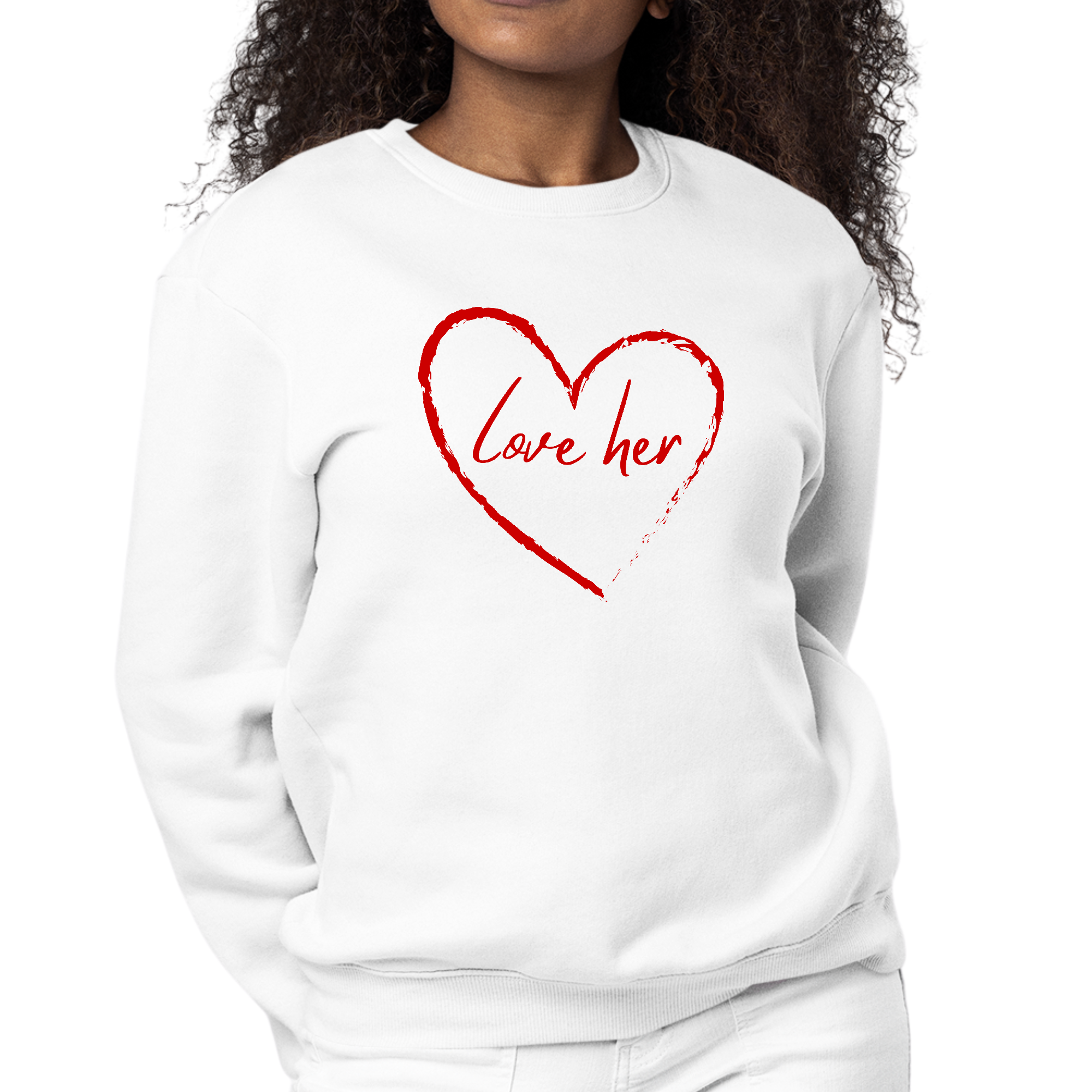 Womens red graphic sweatshirt featuring 'Say it Soul Love Her' design, showcasing a comfortable and stylish fit.