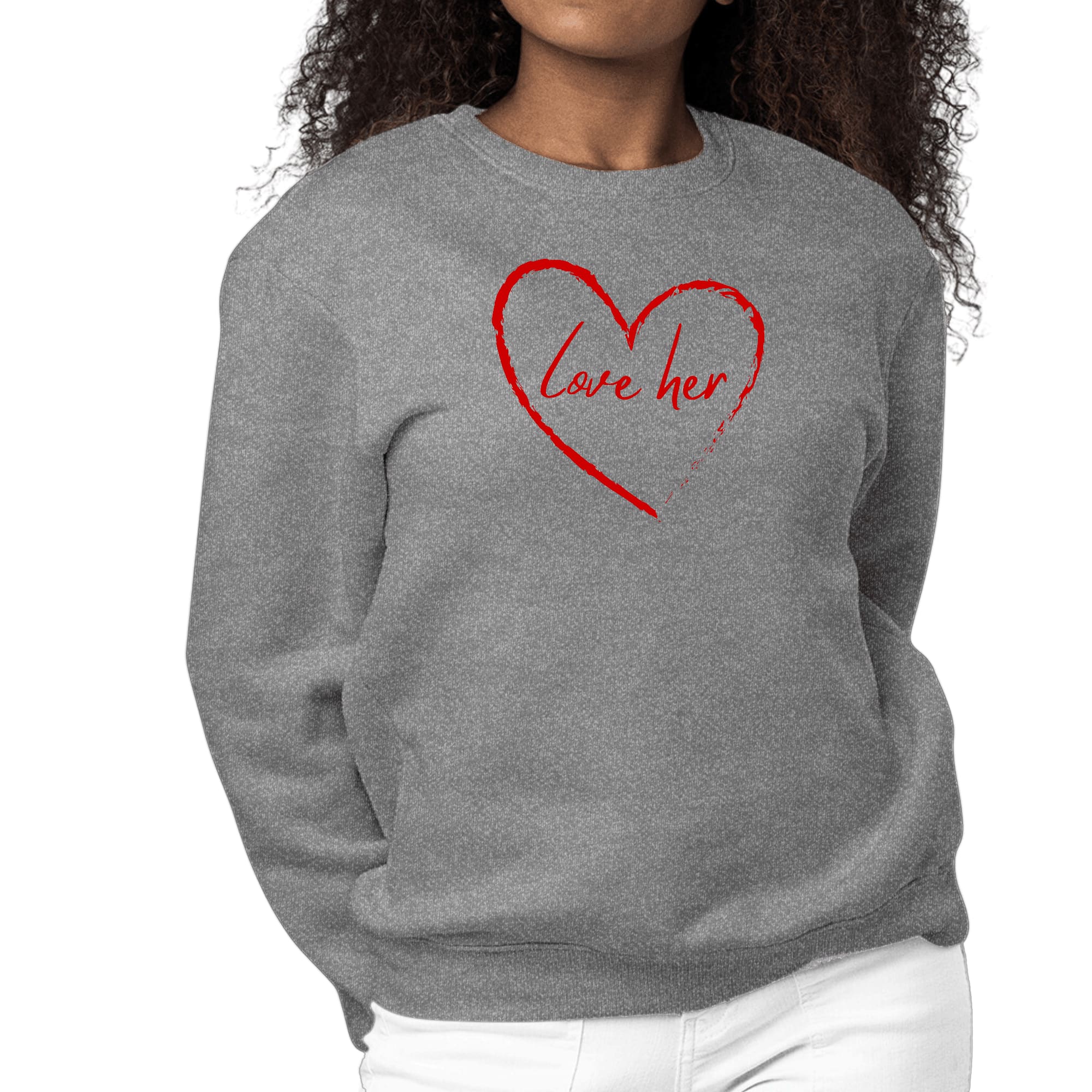 Womens red graphic sweatshirt featuring 'Say it Soul Love Her' design, showcasing a comfortable and stylish fit.