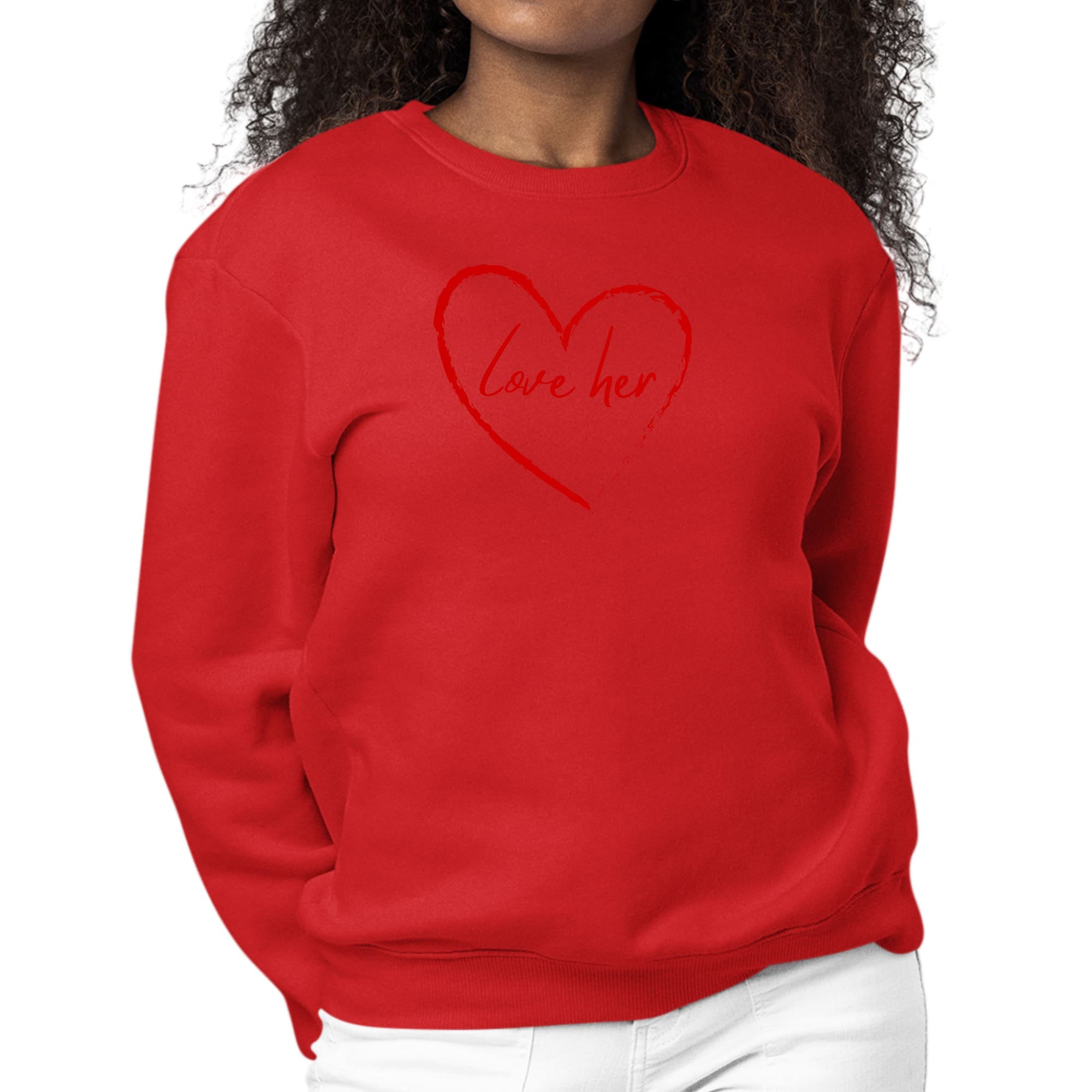 Womens red graphic sweatshirt featuring 'Say it Soul Love Her' design, showcasing a comfortable and stylish fit.