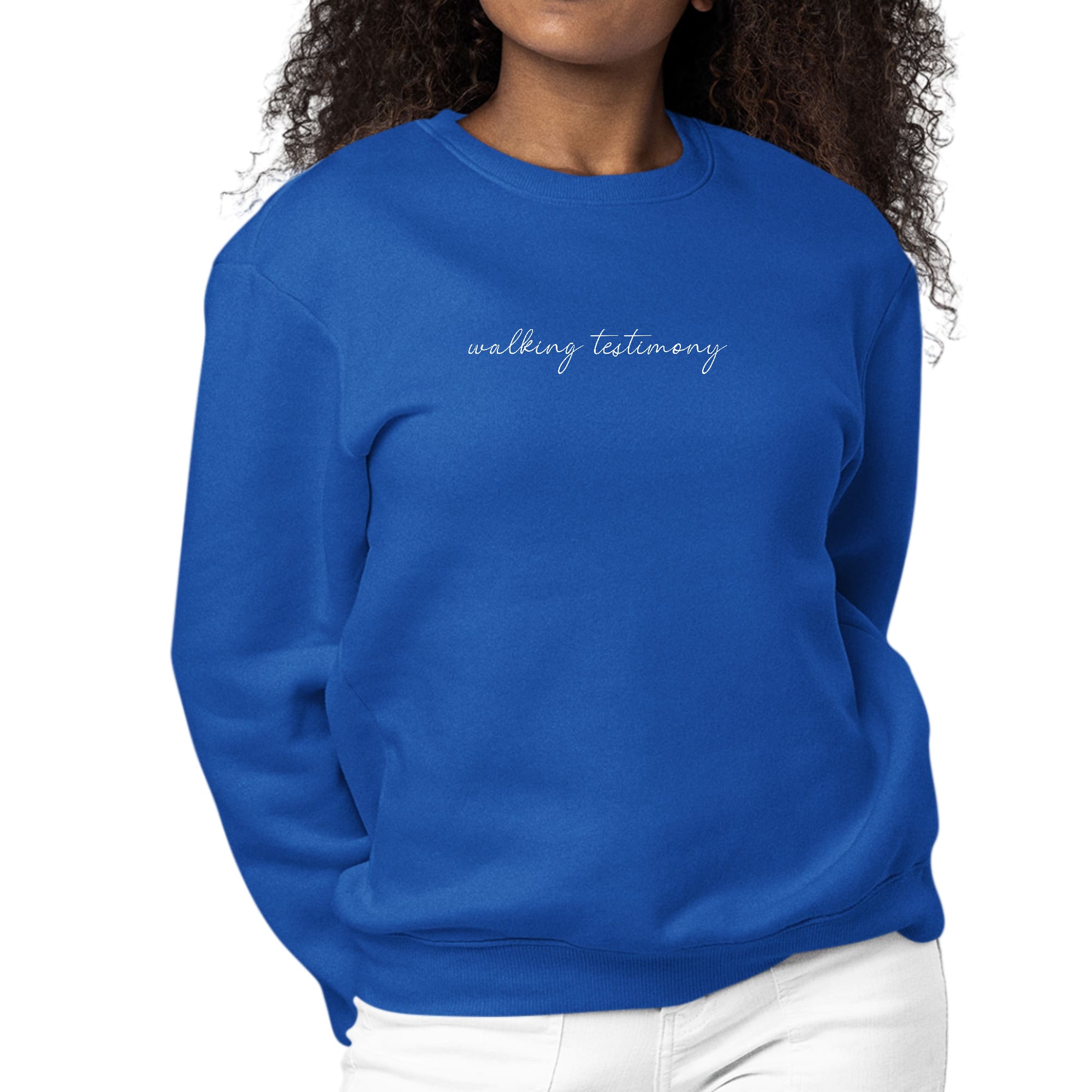 Women's long sleeve graphic sweatshirt with 'Say it Soul, Walking Testimony' illustration, featuring a comfortable crewneck design.