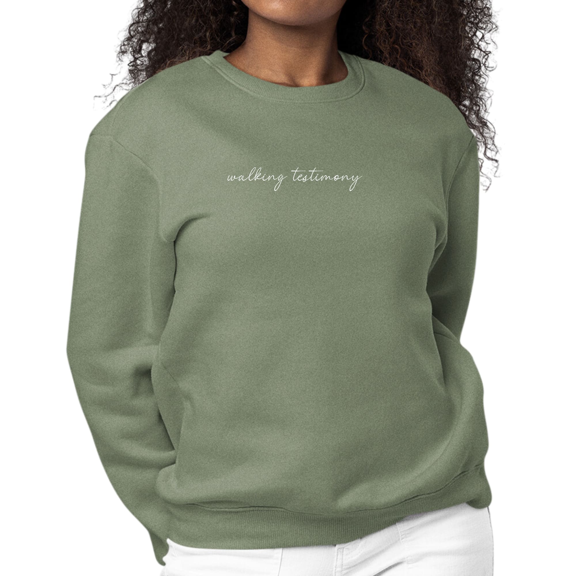 Women's long sleeve graphic sweatshirt with 'Say it Soul, Walking Testimony' illustration, featuring a comfortable crewneck design.