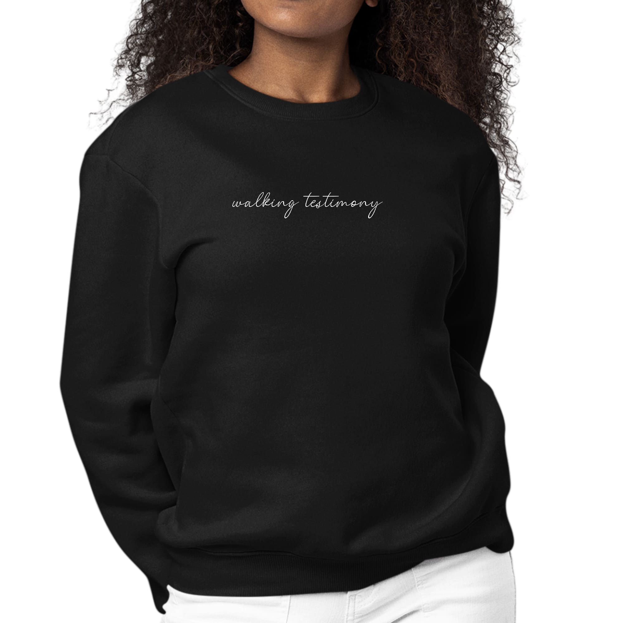 Women's long sleeve graphic sweatshirt with 'Say it Soul, Walking Testimony' illustration, featuring a comfortable crewneck design.