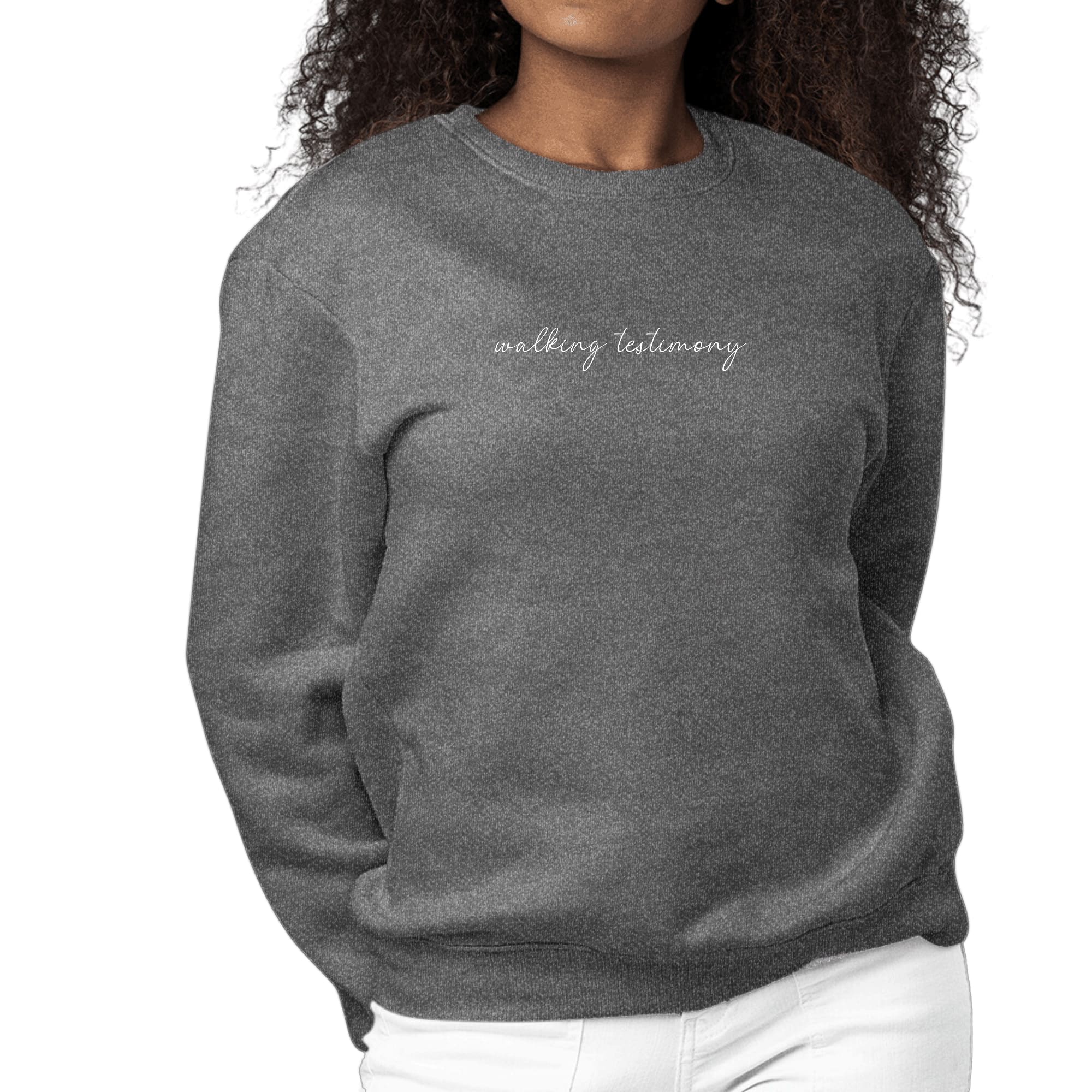 Women's long sleeve graphic sweatshirt with 'Say it Soul, Walking Testimony' illustration, featuring a comfortable crewneck design.