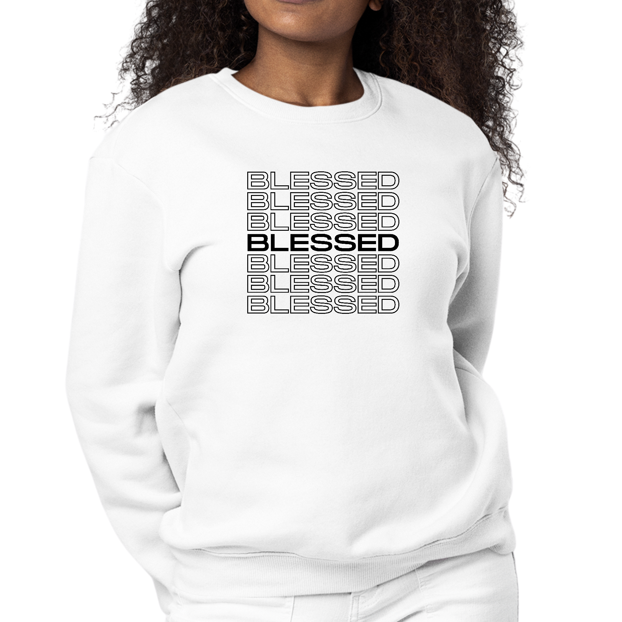 Women's black graphic sweatshirt featuring Stacked Blessed Print, showcasing a comfortable crewneck design with long sleeves.