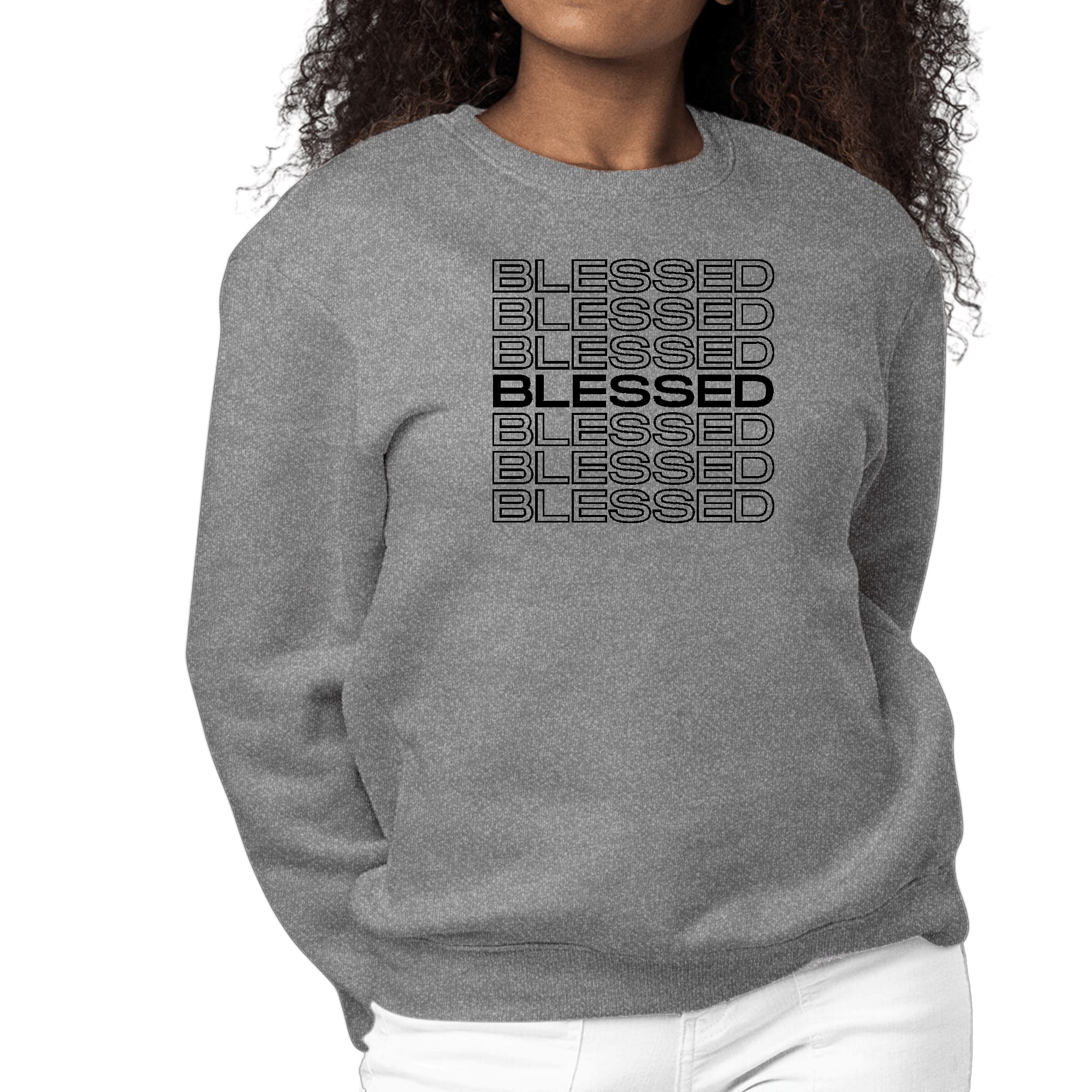 Women's black graphic sweatshirt featuring Stacked Blessed Print, showcasing a comfortable crewneck design with long sleeves.