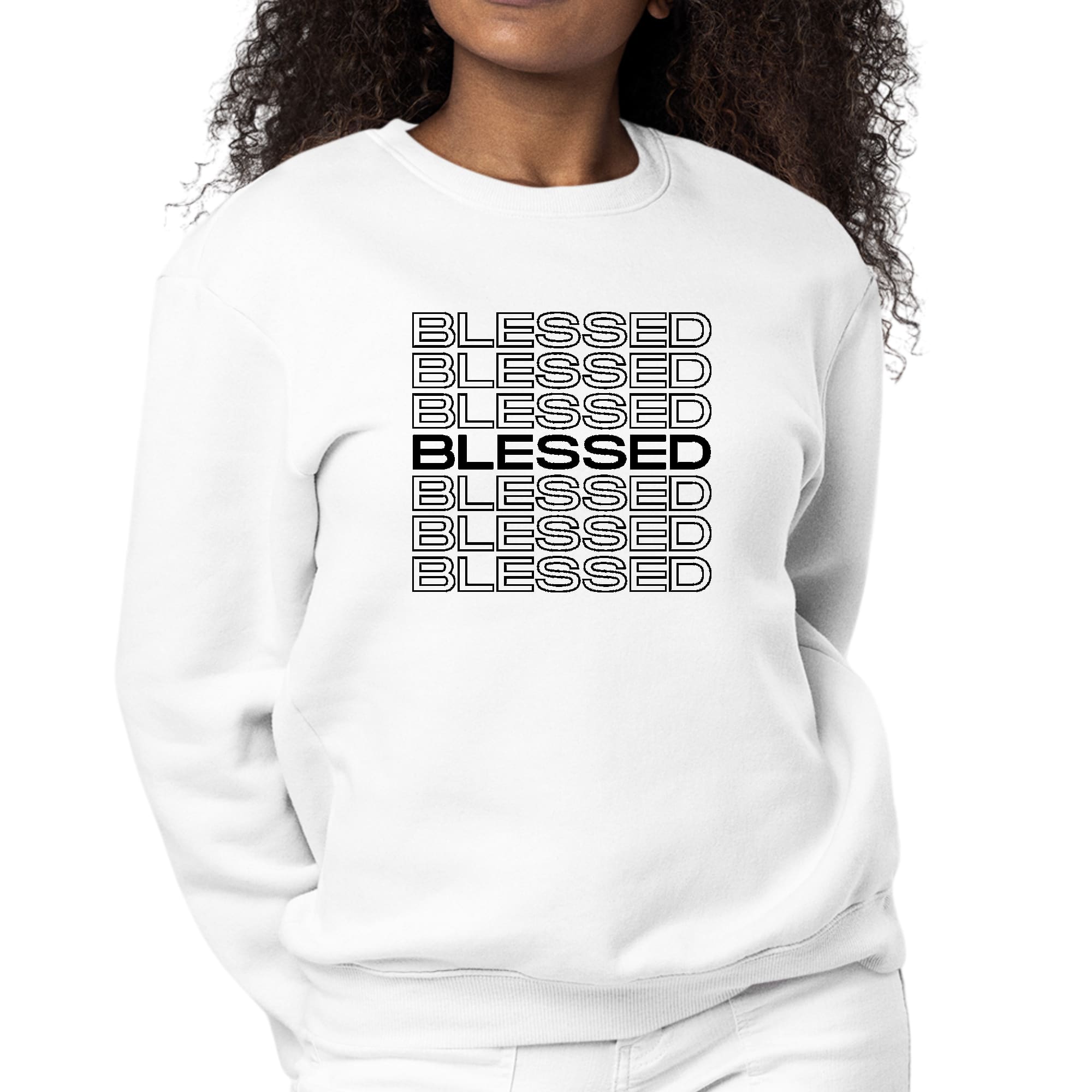 Women's black graphic sweatshirt featuring Stacked Blessed Print, showcasing a comfortable crewneck design with long sleeves.