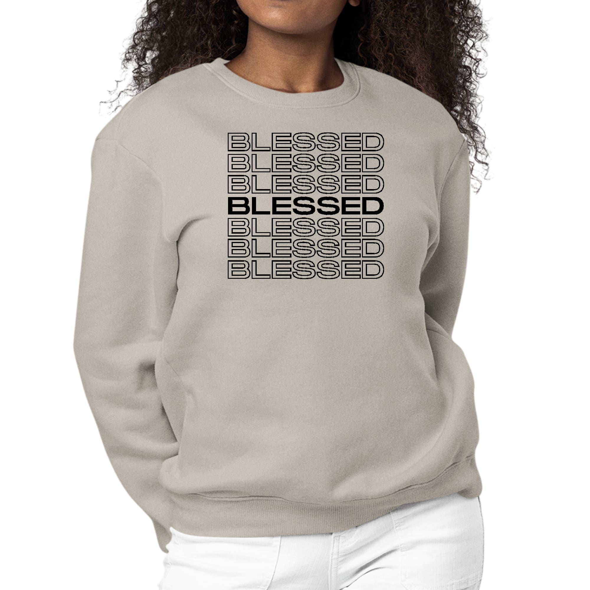 Women's black graphic sweatshirt featuring Stacked Blessed Print, showcasing a comfortable crewneck design with long sleeves.