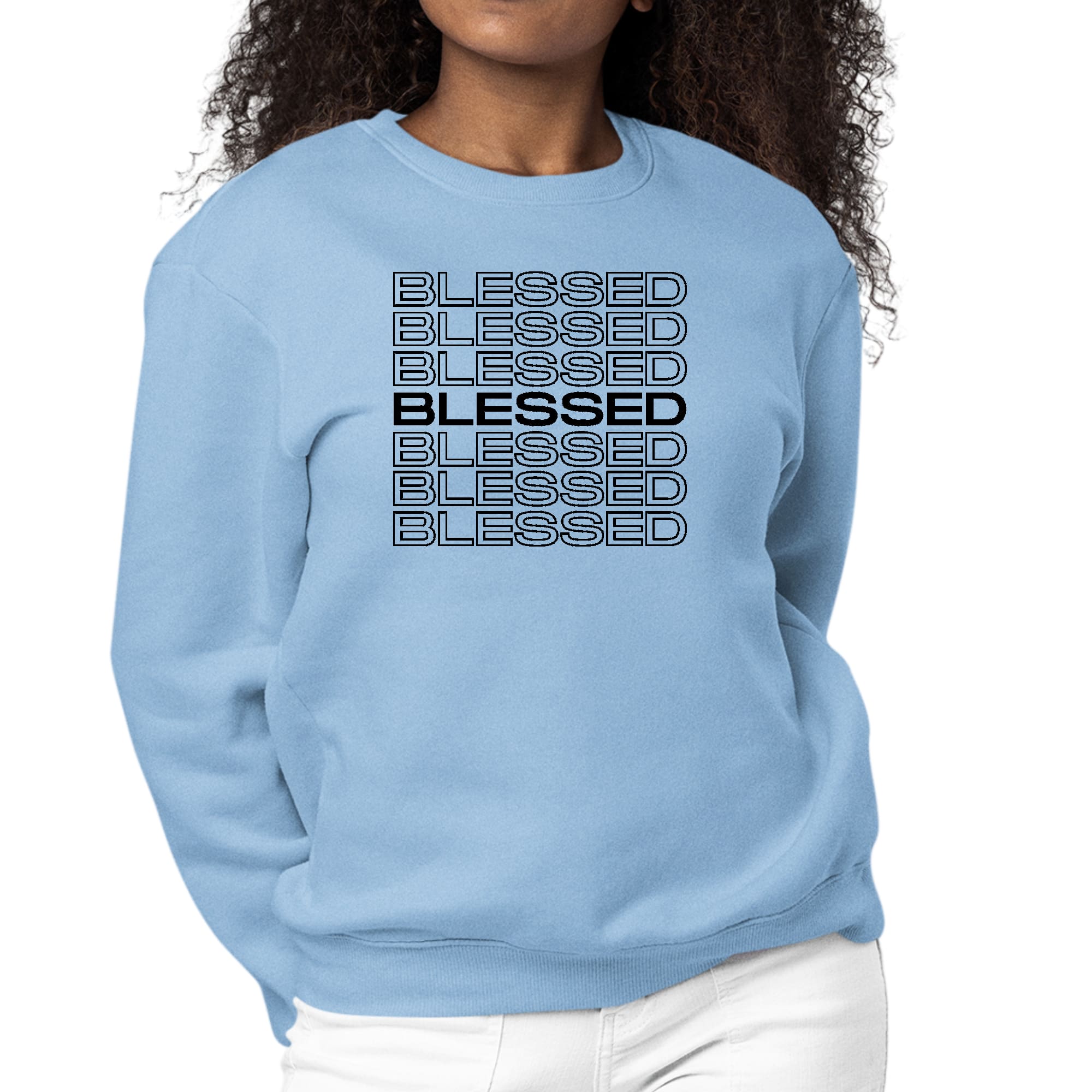 Women's black graphic sweatshirt featuring Stacked Blessed Print, showcasing a comfortable crewneck design with long sleeves.