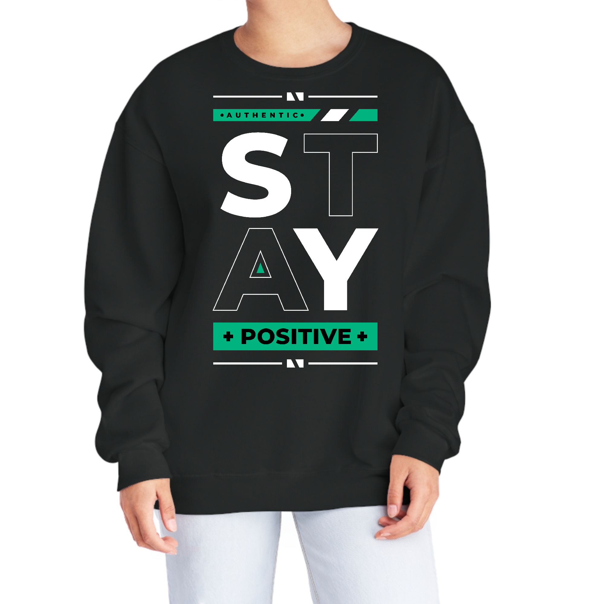 A soft and comfortable Women's Graphic Sweatshirt featuring the motivational phrase 'Stay Positive' in stylish lettering.