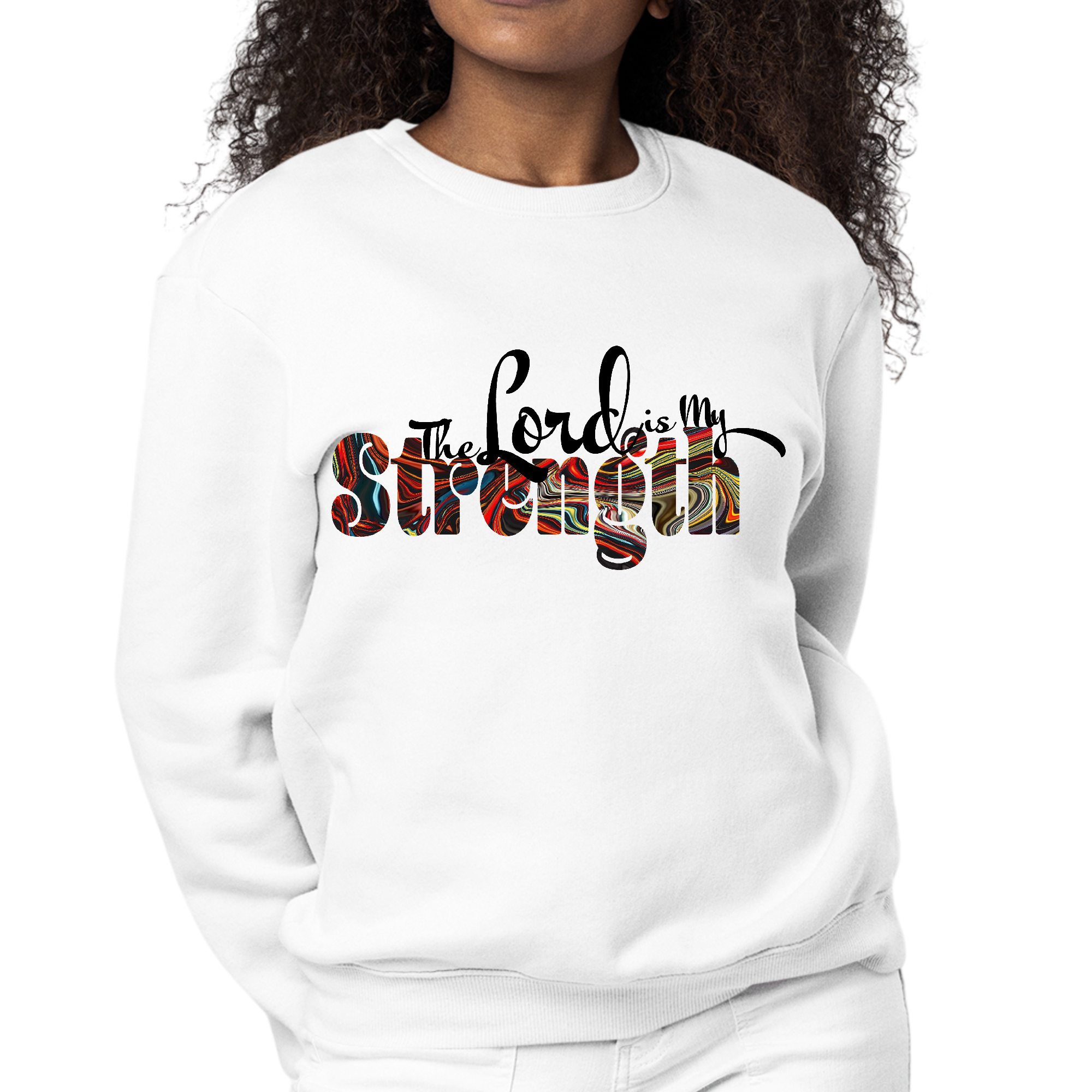 Women's long sleeve graphic sweatshirt with 'The Lord is my Strength' print in multicolor, featuring ribbed collar and cuffs.