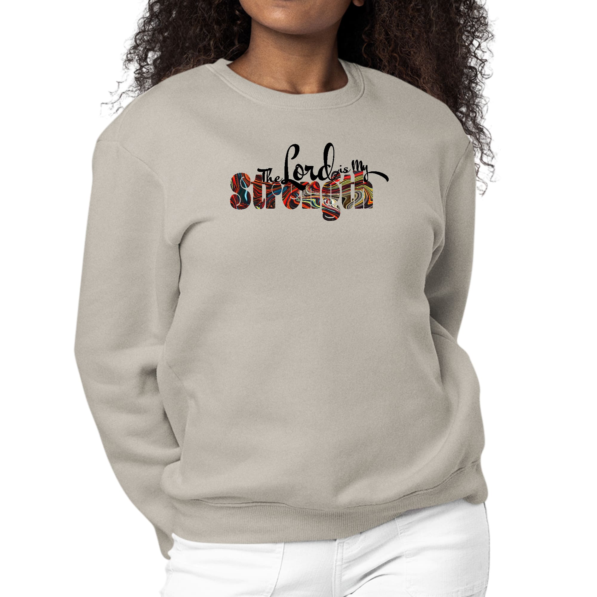 Women's long sleeve graphic sweatshirt with 'The Lord is my Strength' print in multicolor, featuring ribbed collar and cuffs.