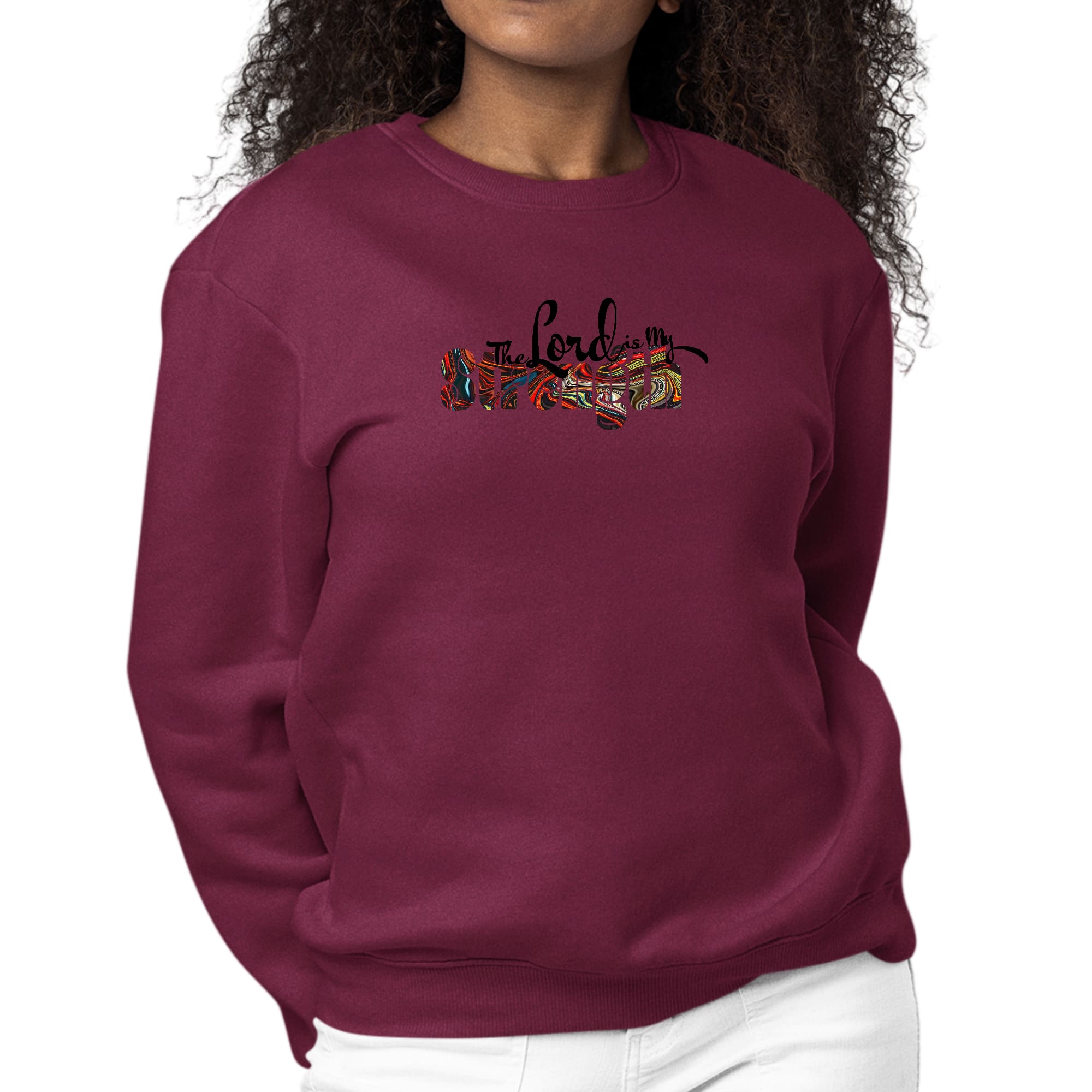 Women's long sleeve graphic sweatshirt with 'The Lord is my Strength' print in multicolor, featuring ribbed collar and cuffs.