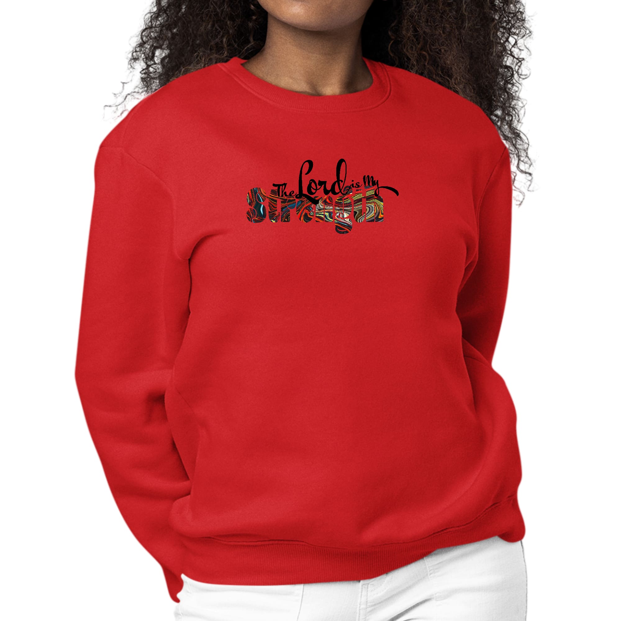 Women's long sleeve graphic sweatshirt with 'The Lord is my Strength' print in multicolor, featuring ribbed collar and cuffs.