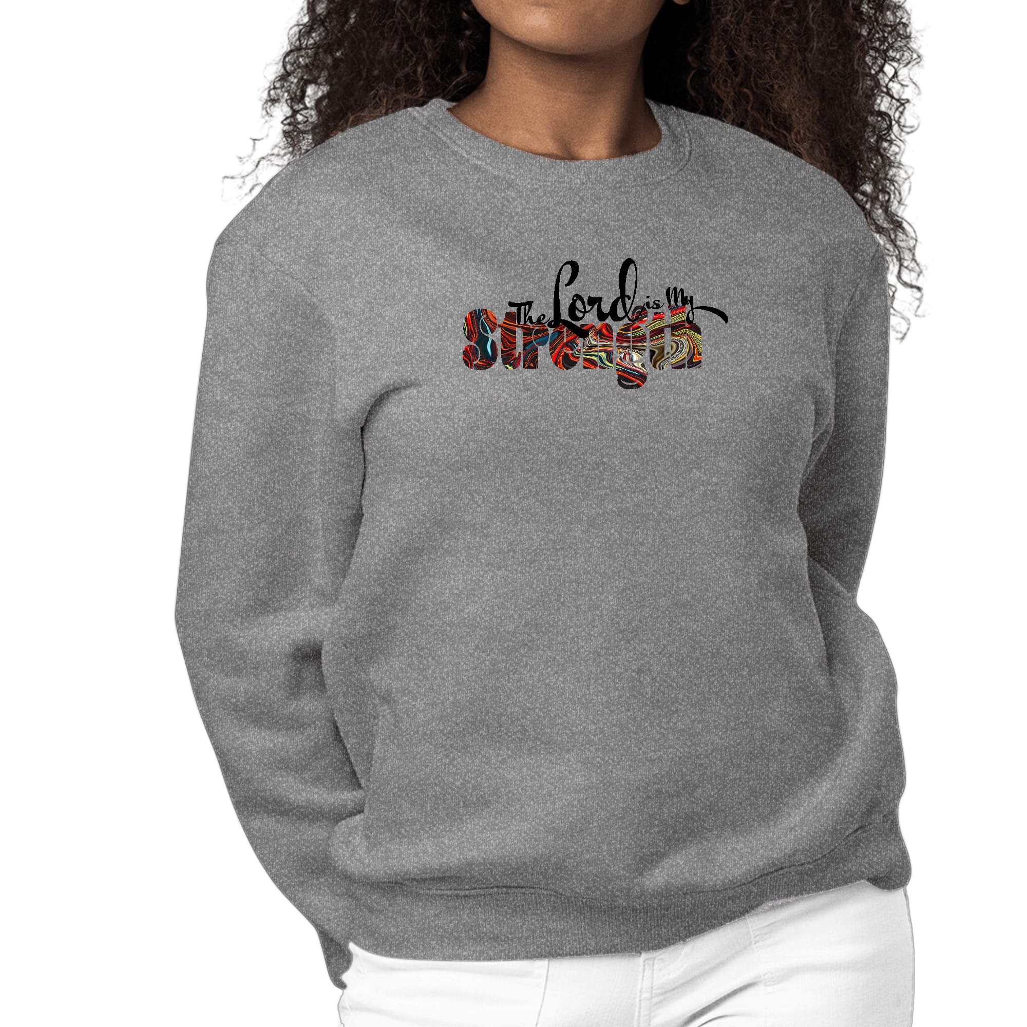 Women's long sleeve graphic sweatshirt with 'The Lord is my Strength' print in multicolor, featuring ribbed collar and cuffs.