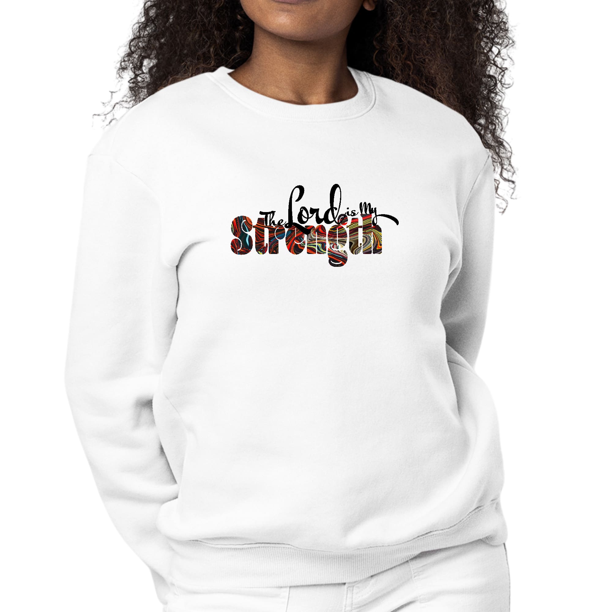 Women's long sleeve graphic sweatshirt with 'The Lord is my Strength' print in multicolor, featuring ribbed collar and cuffs.