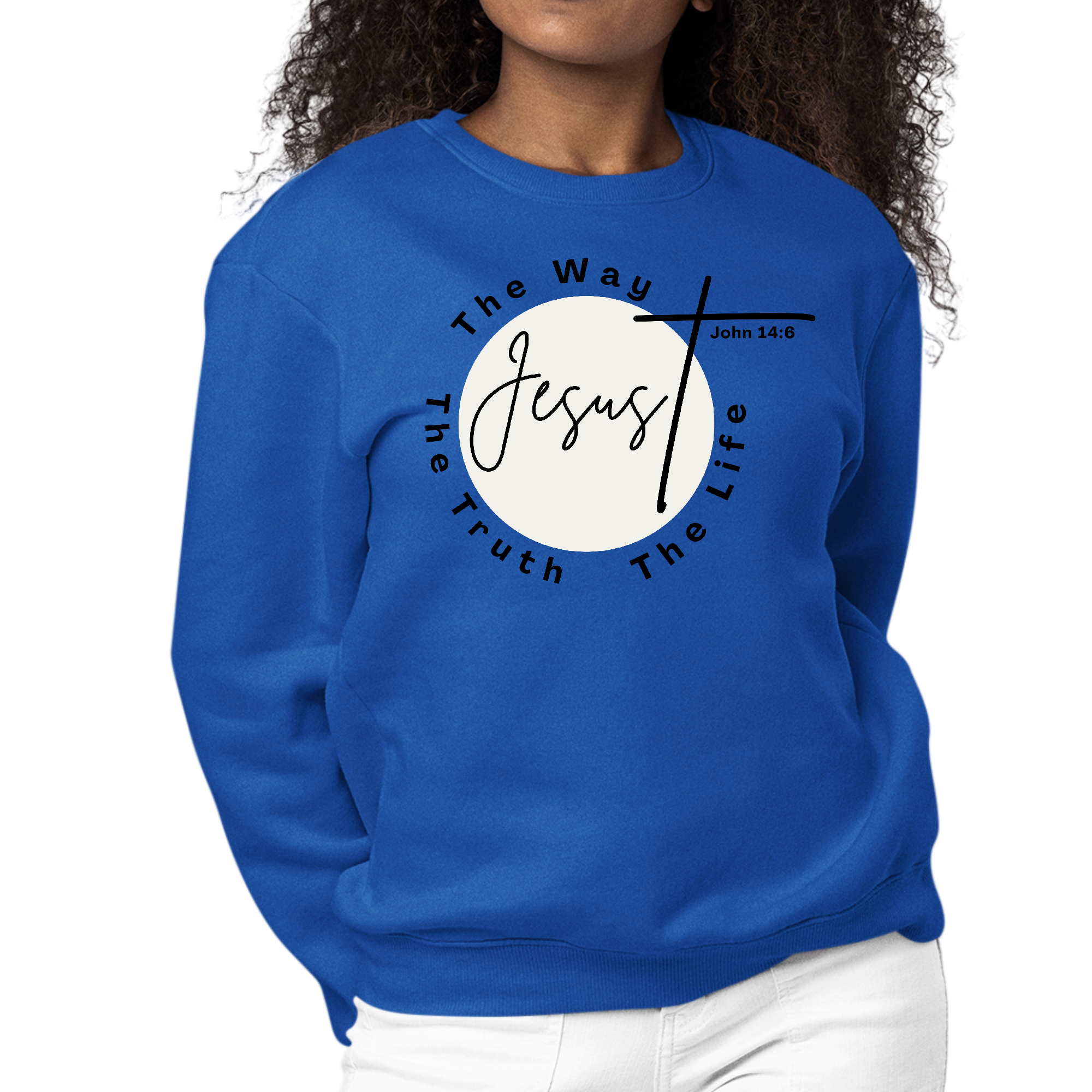 Women's black graphic sweatshirt with 'The Truth The Way The Life' printed on the front, featuring long sleeves and a comfortable crewneck design.