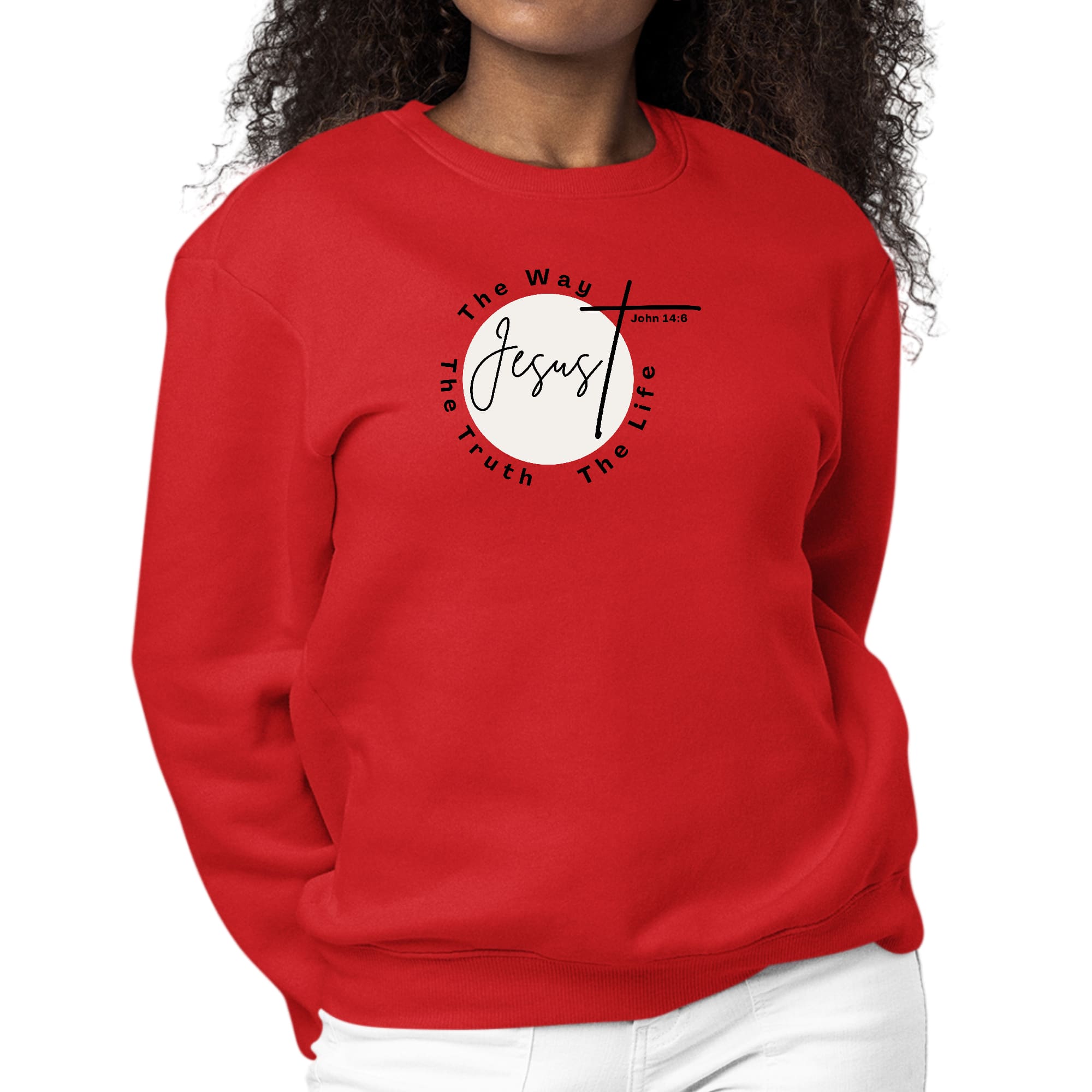 Women's black graphic sweatshirt with 'The Truth The Way The Life' printed on the front, featuring long sleeves and a comfortable crewneck design.