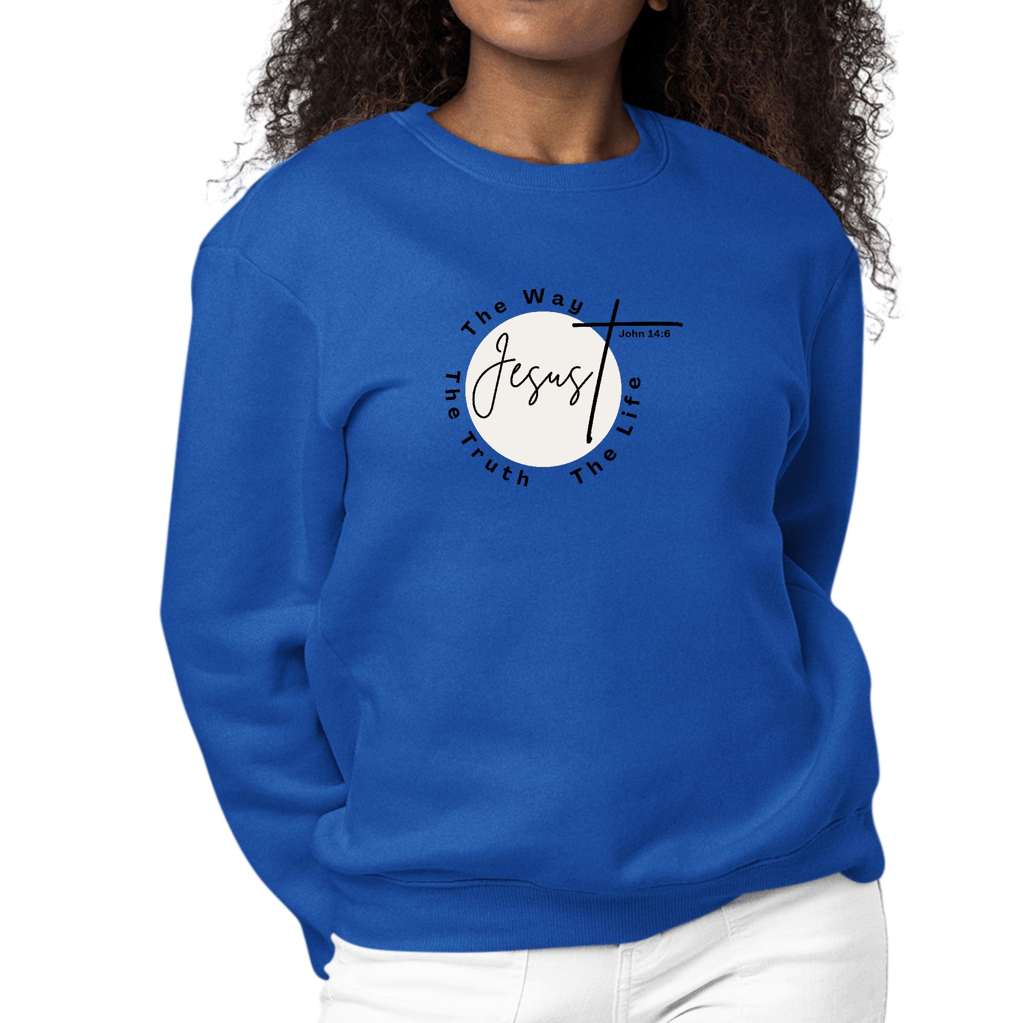 Women's black graphic sweatshirt with 'The Truth The Way The Life' printed on the front, featuring long sleeves and a comfortable crewneck design.