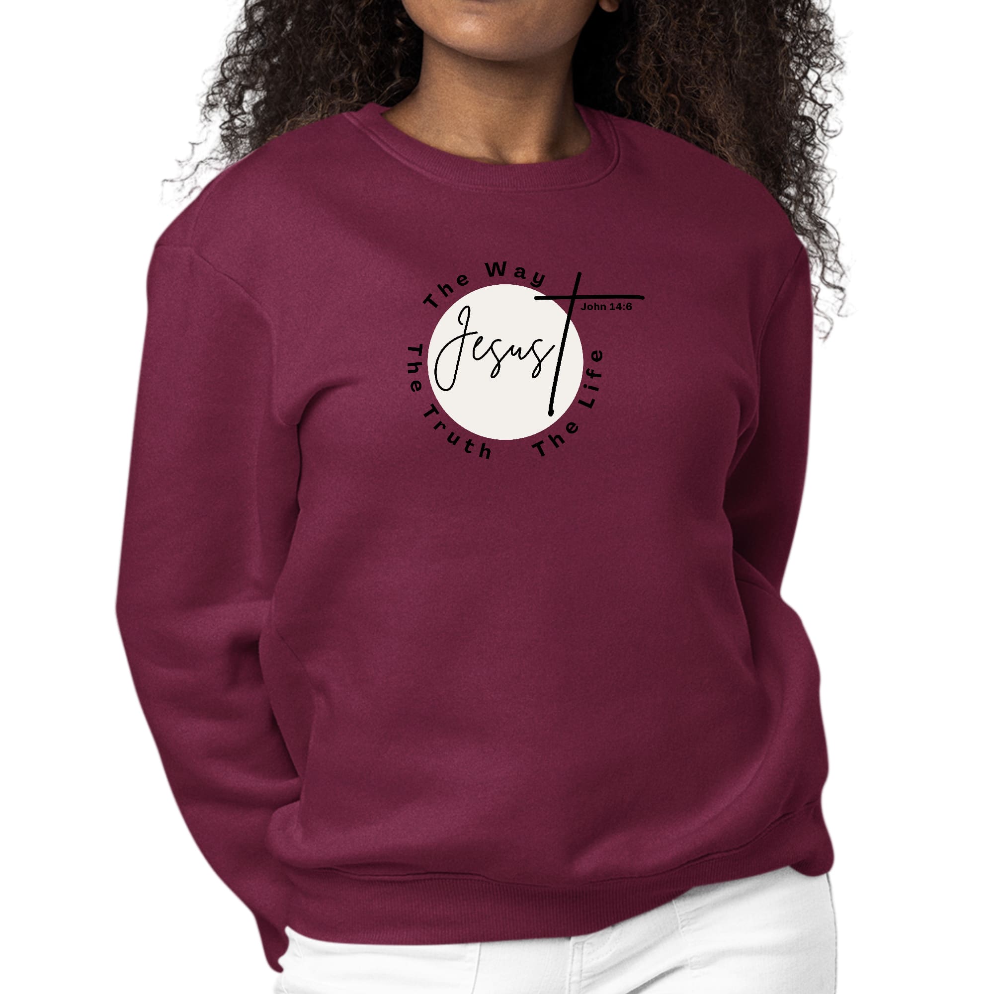 Women's black graphic sweatshirt with 'The Truth The Way The Life' printed on the front, featuring long sleeves and a comfortable crewneck design.