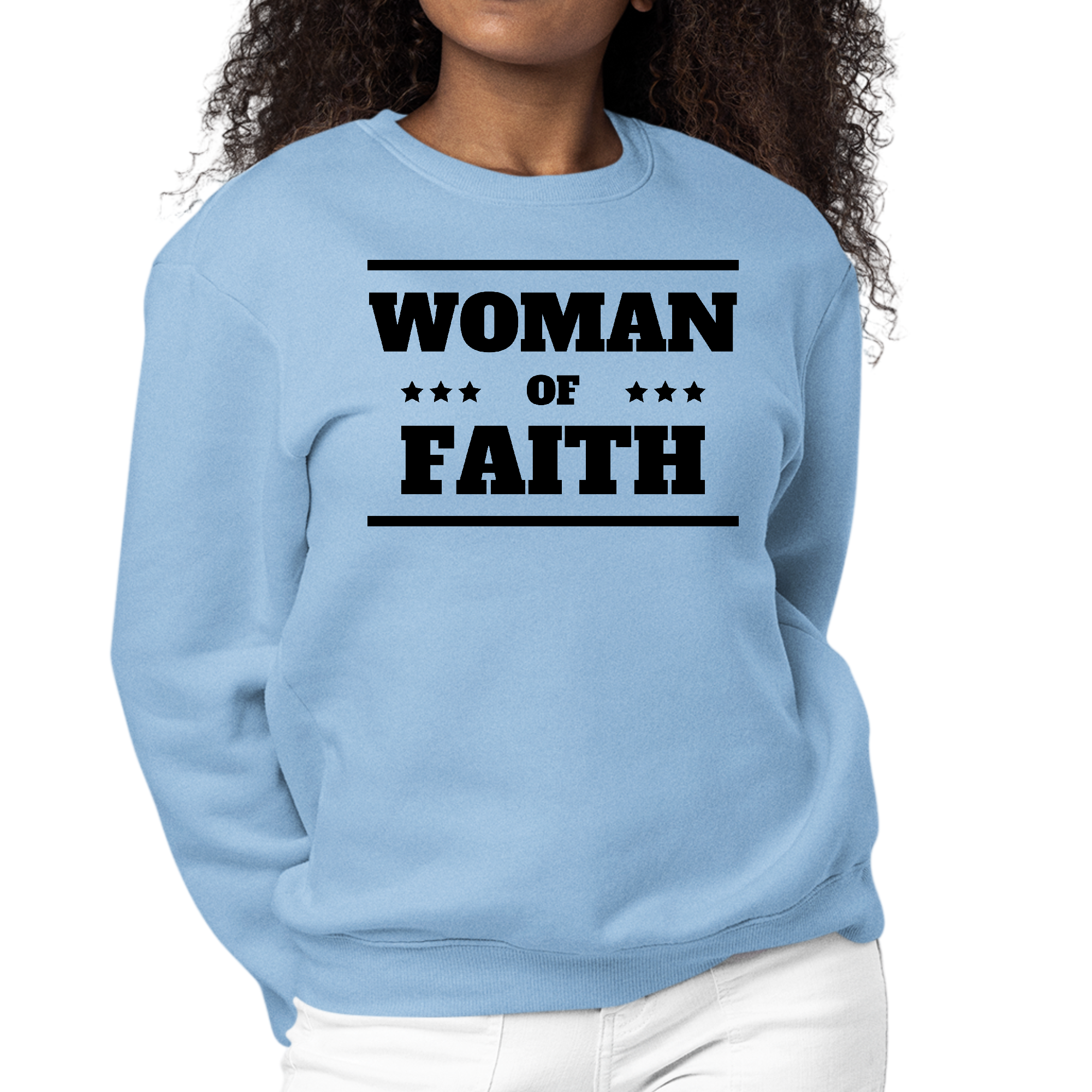 Women's Graphic Sweatshirt featuring a Woman of Faith illustration in black, showcasing a comfortable crewneck design.