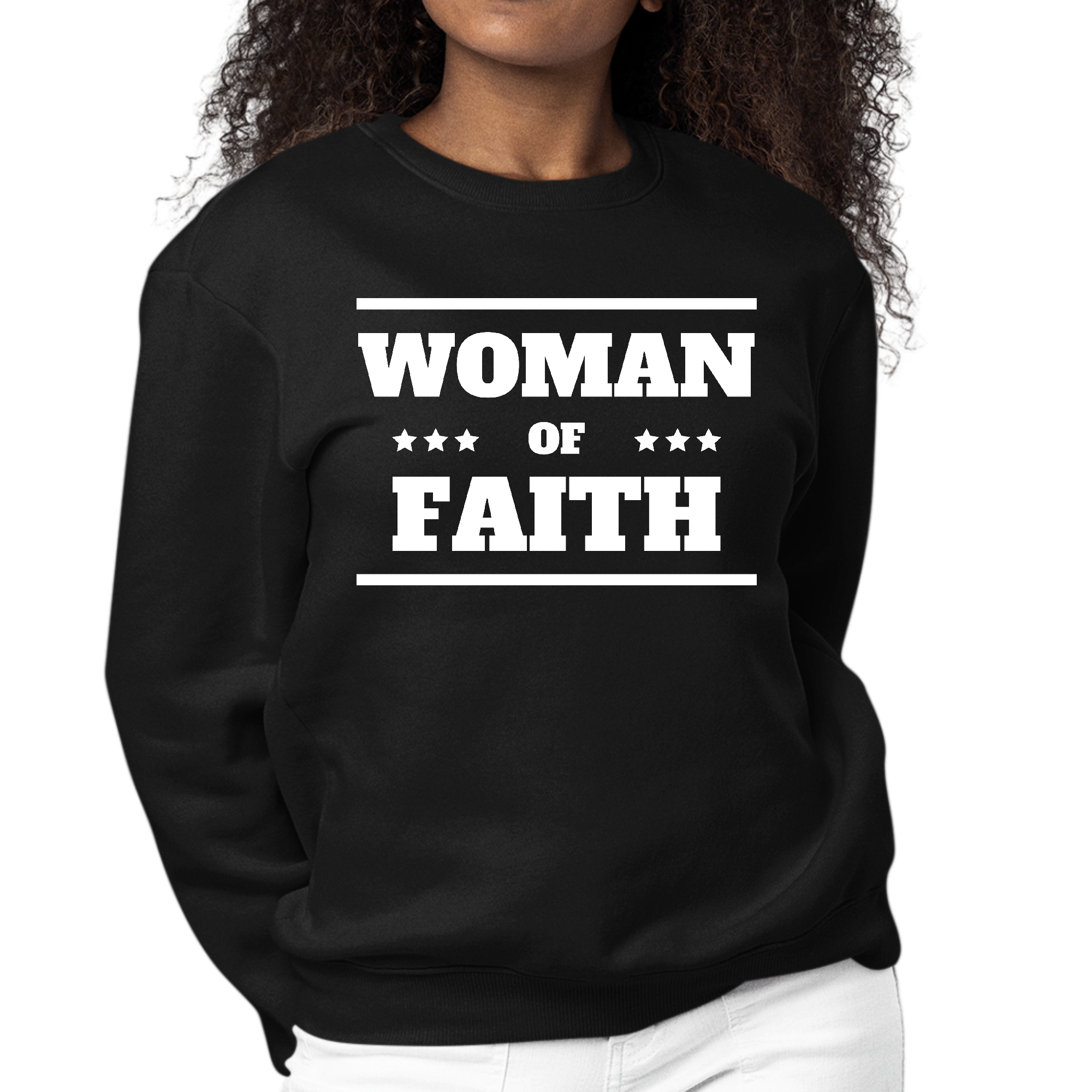 Women's Graphic Sweatshirt featuring 'Woman of Faith' design, showcasing a comfortable crewneck style with long sleeves.