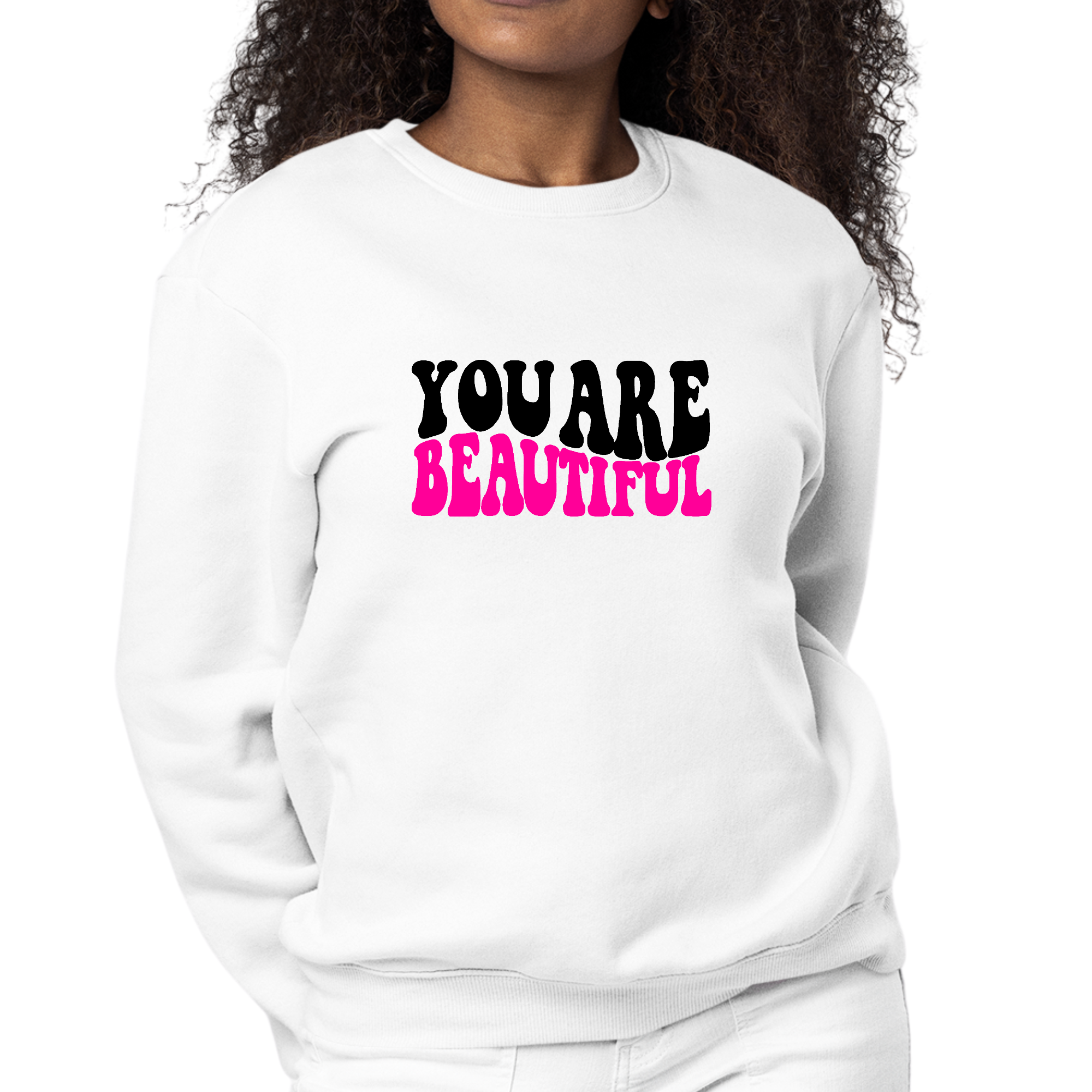 Women's Graphic Sweatshirt with 'You Are Beautiful' print, showcasing a cozy fleece design and classic crewneck style.