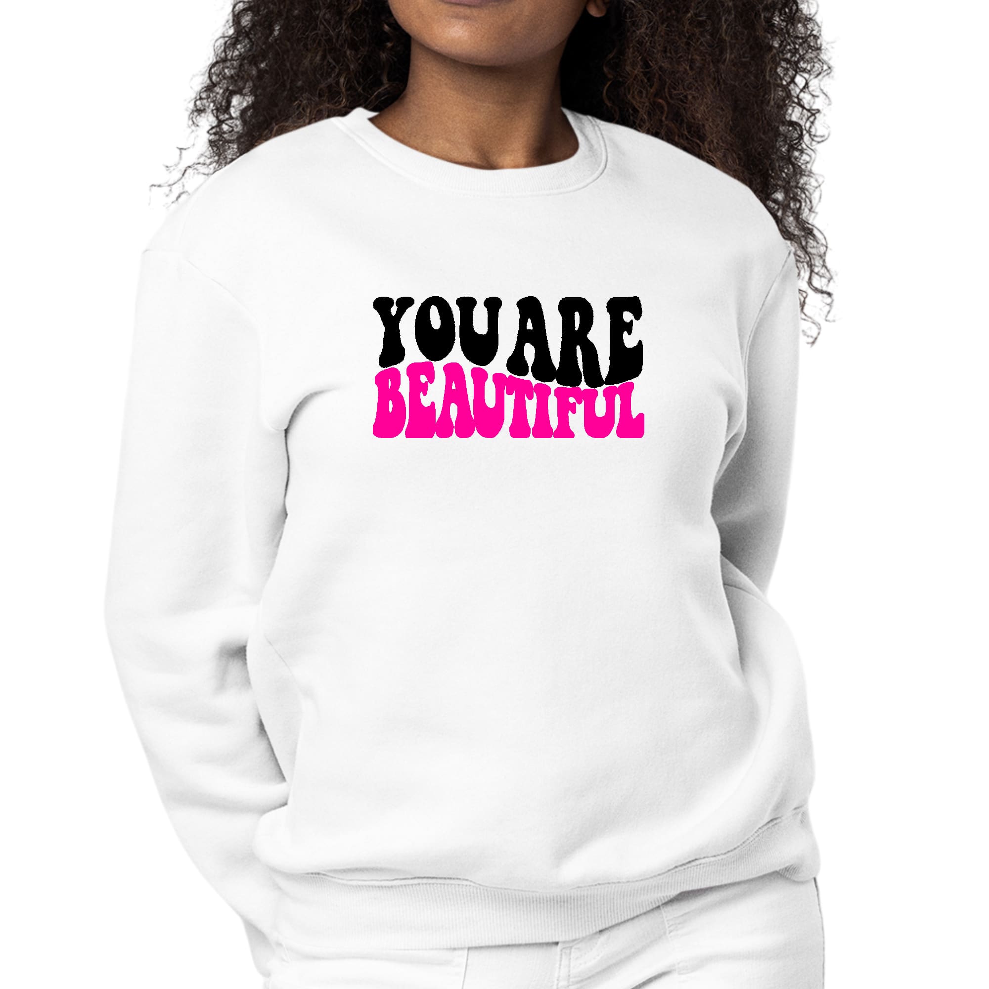 Women's Graphic Sweatshirt with 'You Are Beautiful' print, showcasing a cozy fleece design and classic crewneck style.