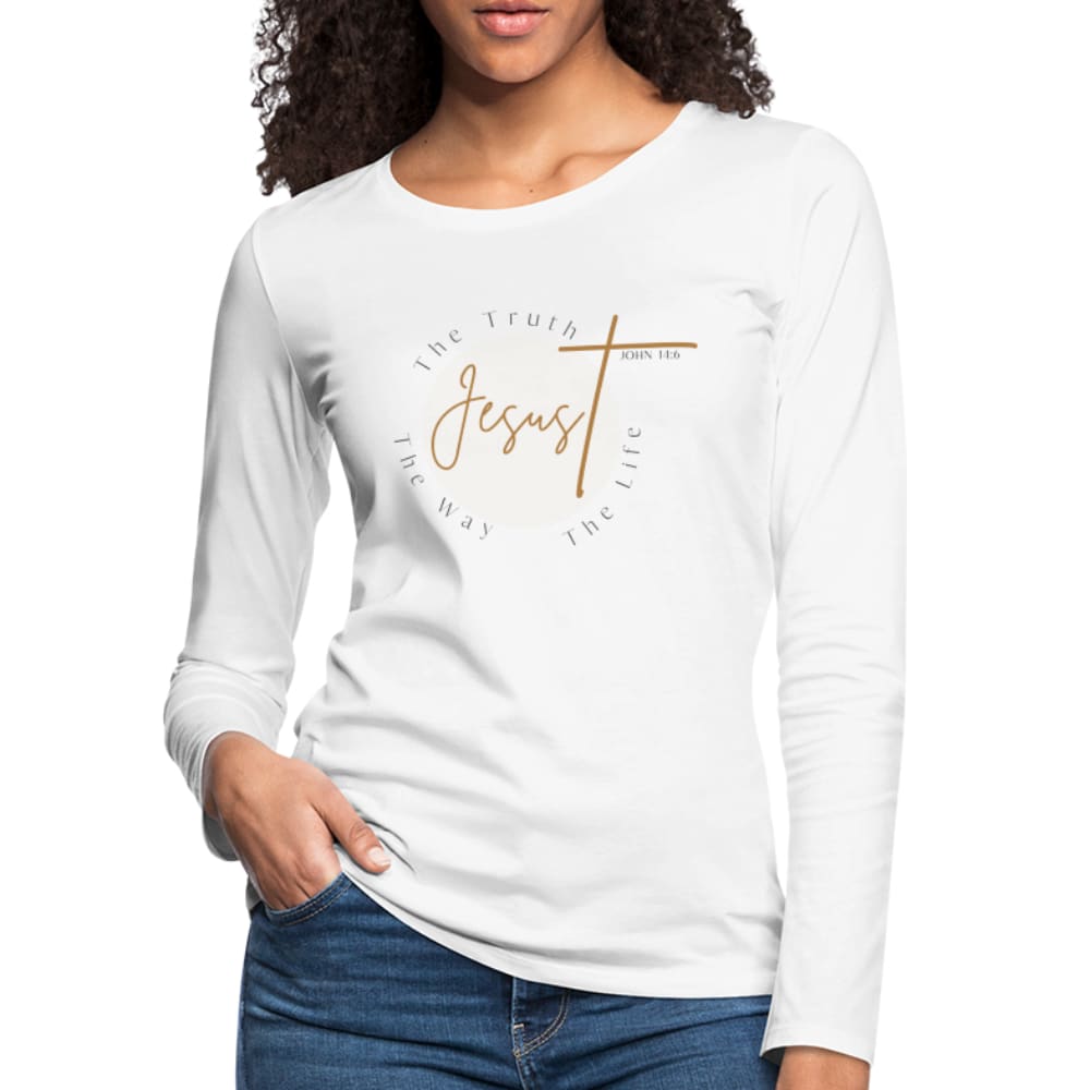 Women's long sleeve graphic tee featuring 'Jesus the Truth the Way the Life' design, made from soft and durable fabric.