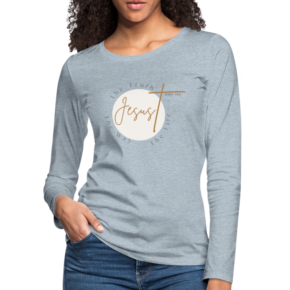 Women's long sleeve graphic tee featuring 'Jesus the Truth the Way the Life' design, made from soft and durable fabric.