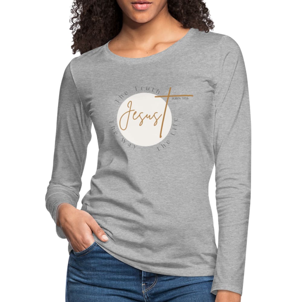 Women's long sleeve graphic tee featuring 'Jesus the Truth the Way the Life' design, made from soft and durable fabric.