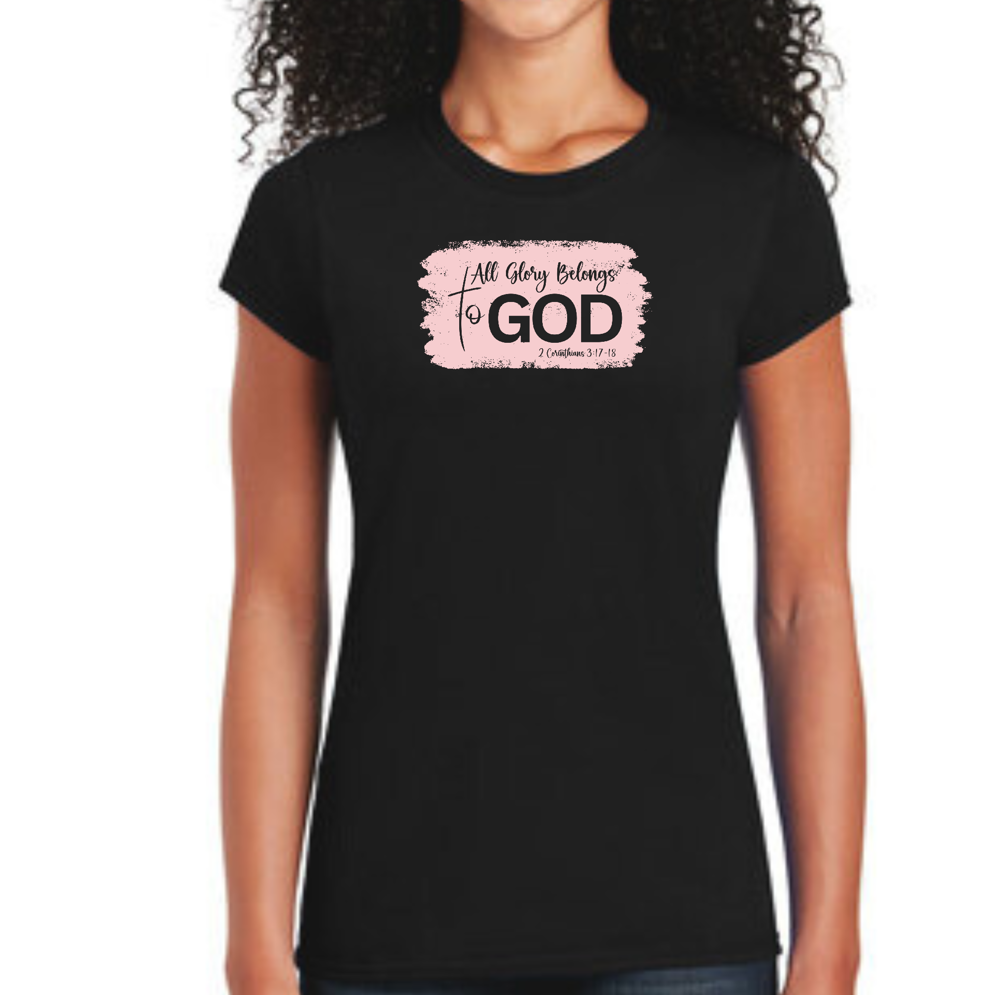 Light pink Women's Graphic T-shirt featuring 'All Glory Belongs to God' design, showcasing a modern and artistic style.