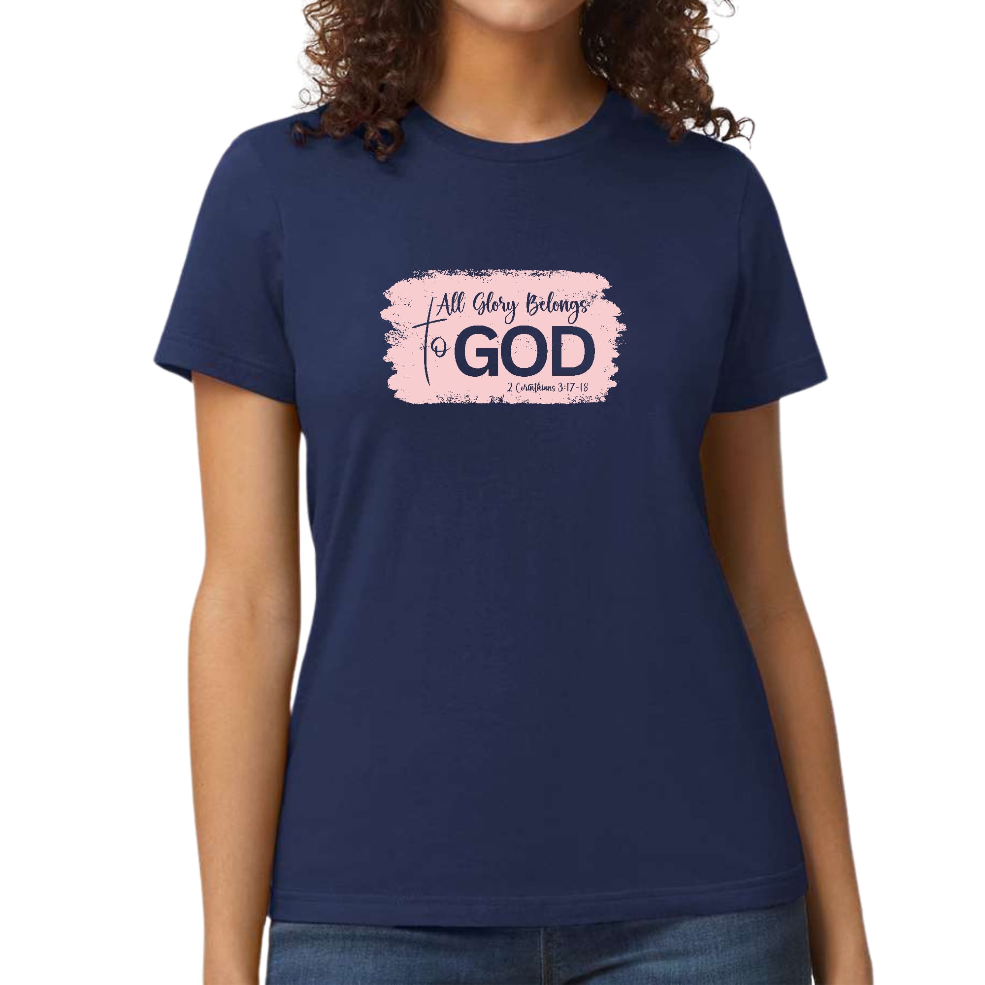 Light pink Women's Graphic T-shirt featuring 'All Glory Belongs to God' design, showcasing a modern and artistic style.