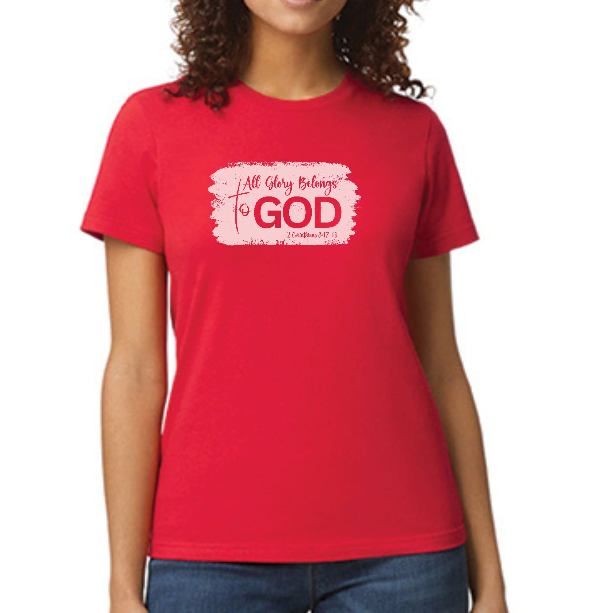 Light pink Women's Graphic T-shirt featuring 'All Glory Belongs to God' design, showcasing a modern and artistic style.