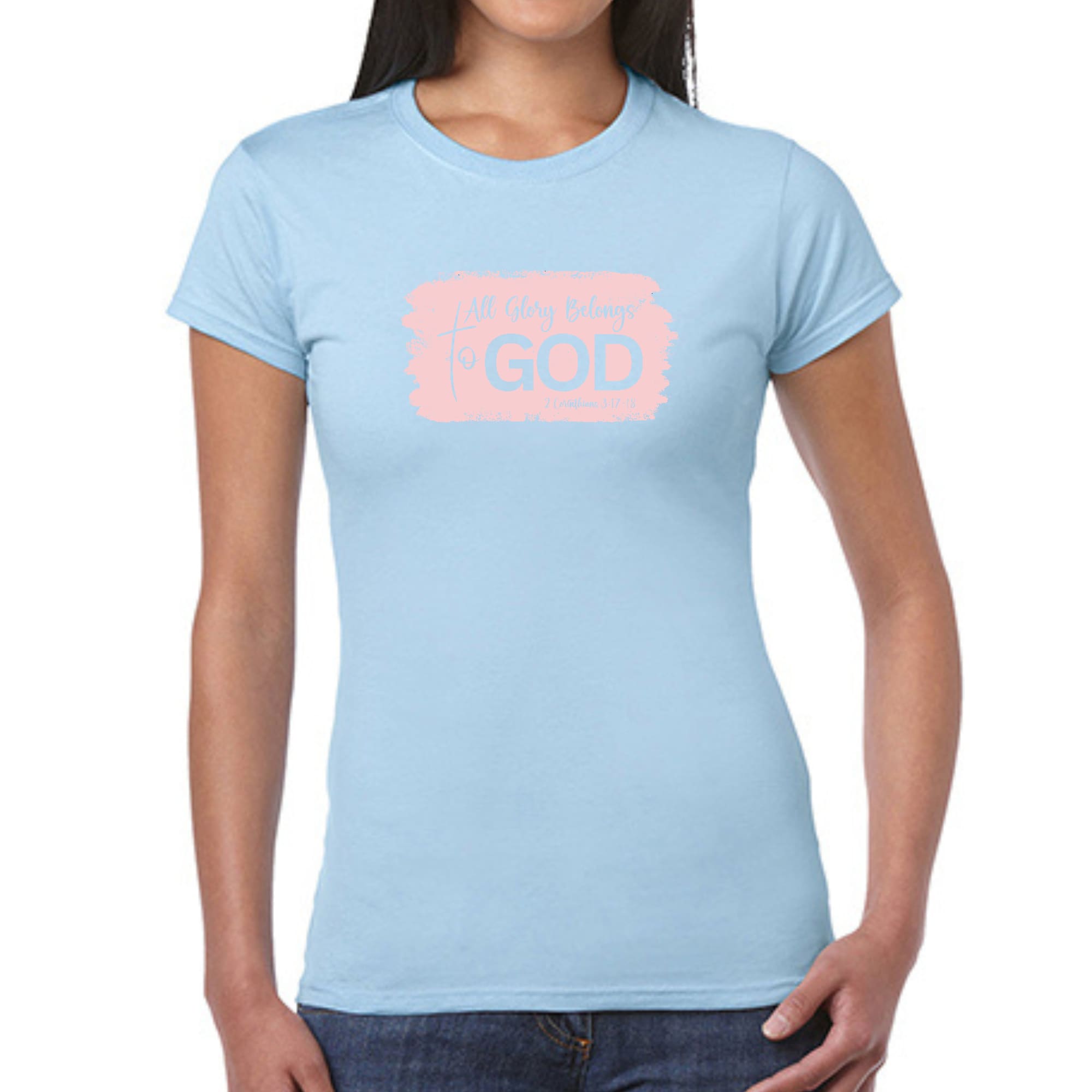 Light pink Women's Graphic T-shirt featuring 'All Glory Belongs to God' design, showcasing a modern and artistic style.