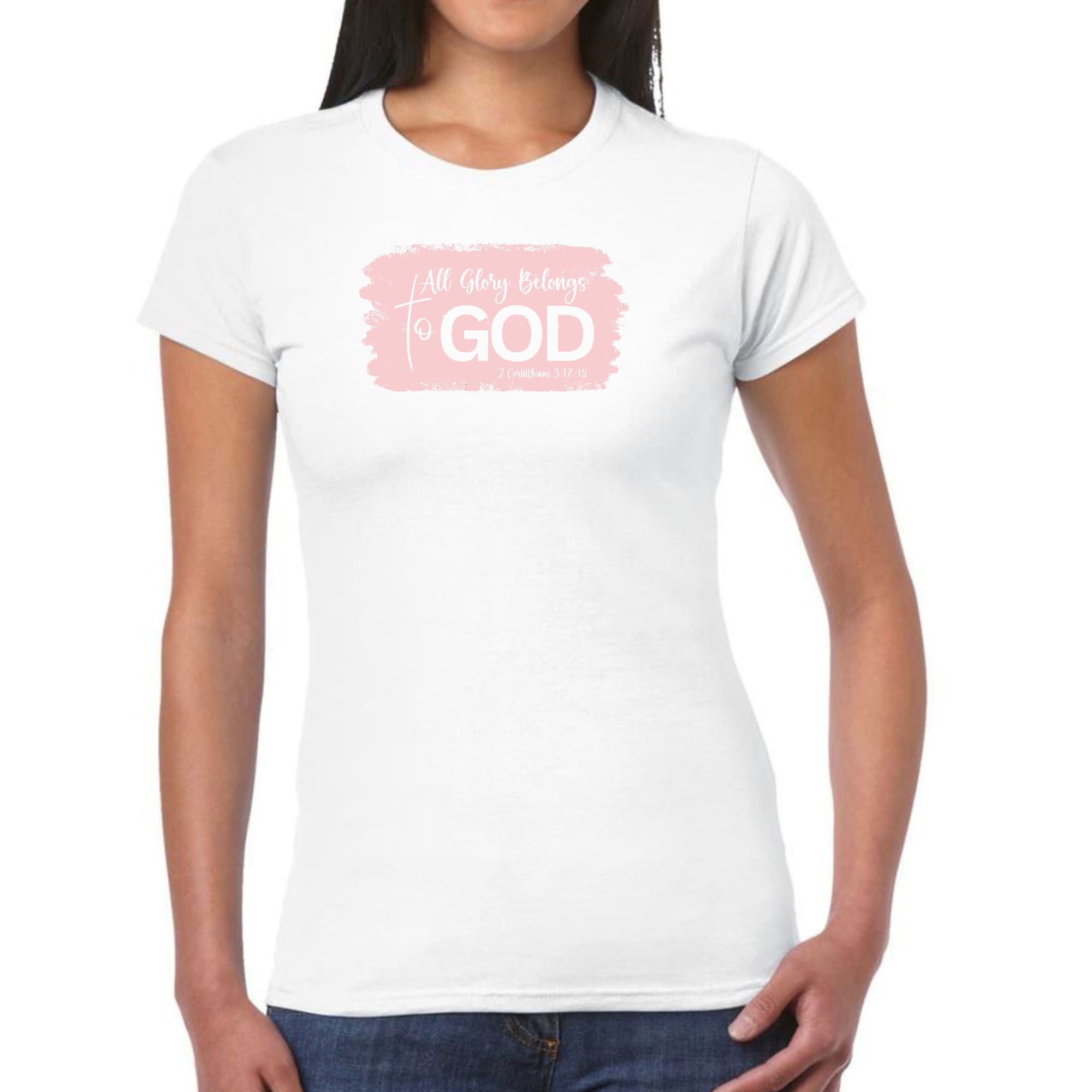 Light pink Women's Graphic T-shirt featuring 'All Glory Belongs to God' design, showcasing a modern and artistic style.