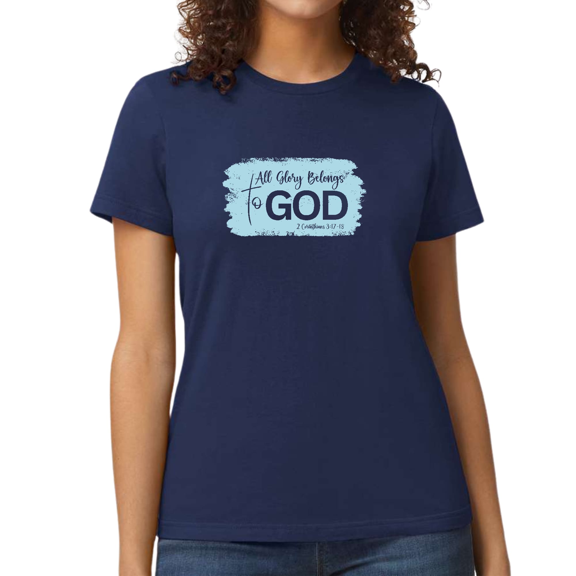 Light blue Women's Graphic T-shirt featuring 'All Glory Belongs to God' design, made from soft cotton fabric.