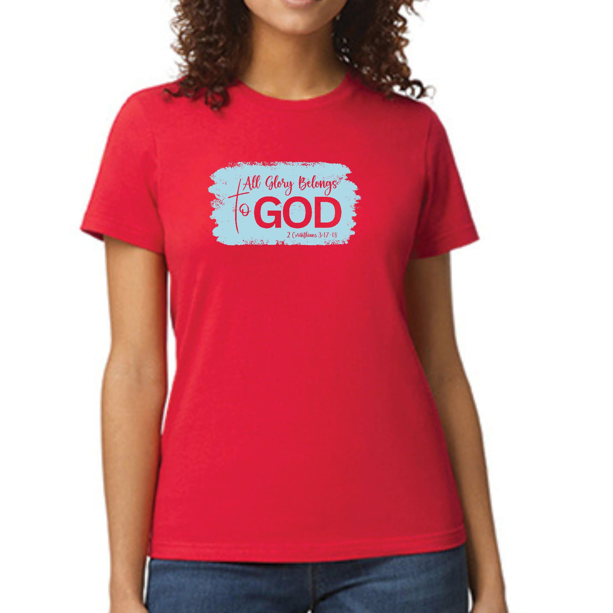 Light blue Women's Graphic T-shirt featuring 'All Glory Belongs to God' design, made from soft cotton fabric.