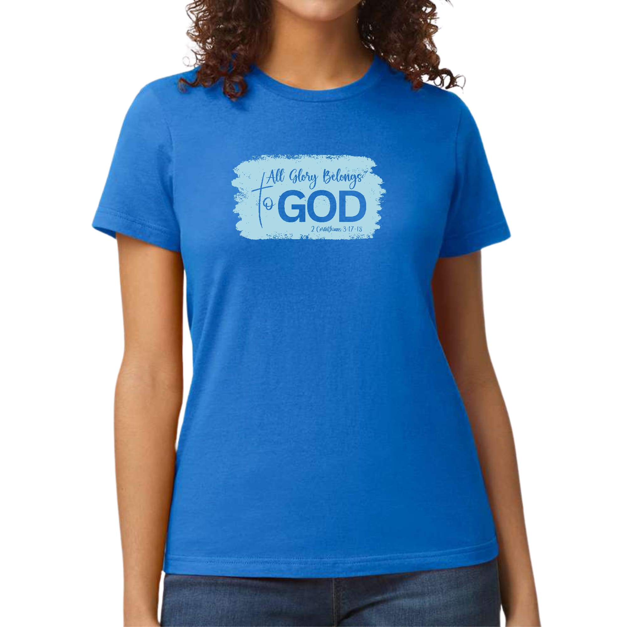 Light blue Women's Graphic T-shirt featuring 'All Glory Belongs to God' design, made from soft cotton fabric.