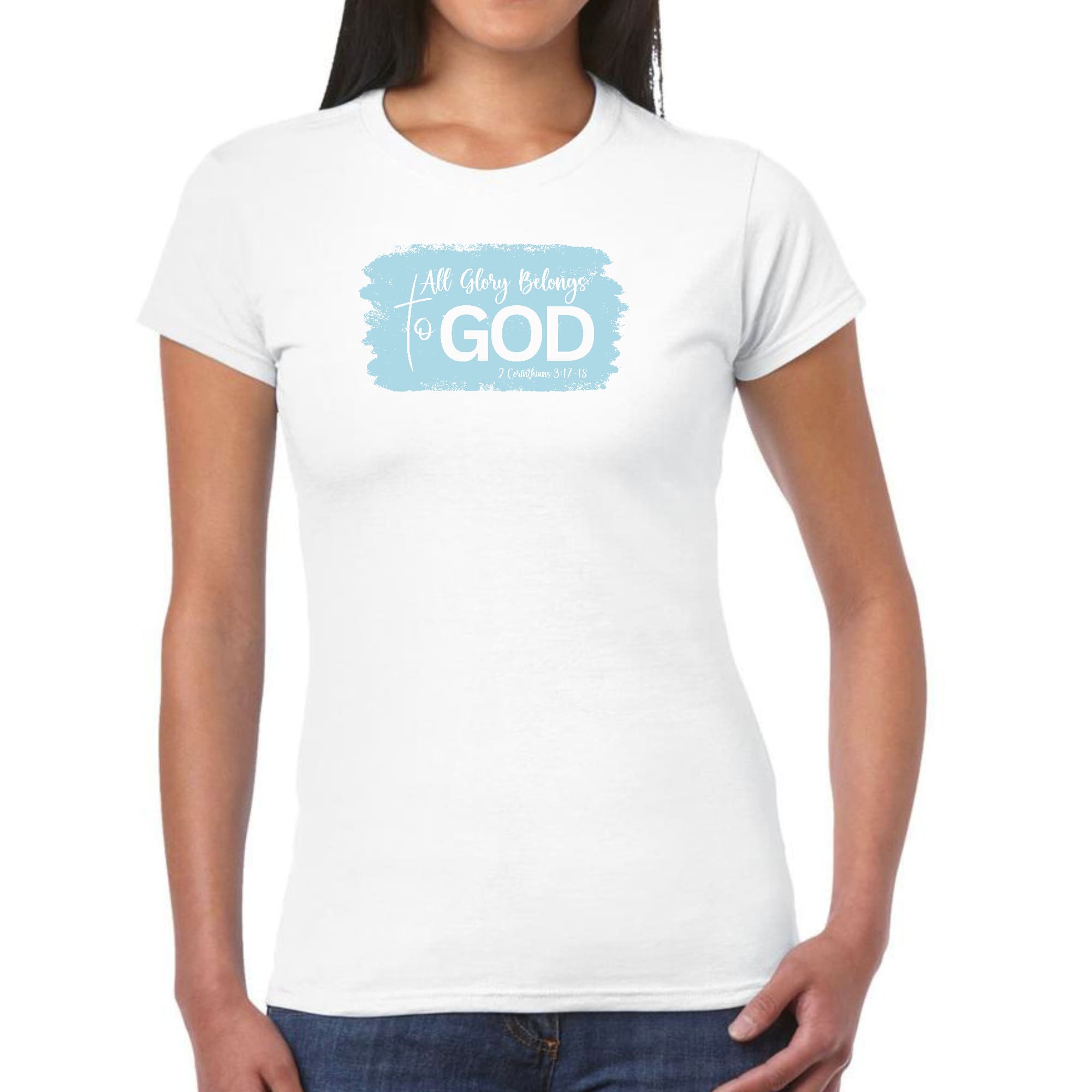 Light blue Women's Graphic T-shirt featuring 'All Glory Belongs to God' design, made from soft cotton fabric.