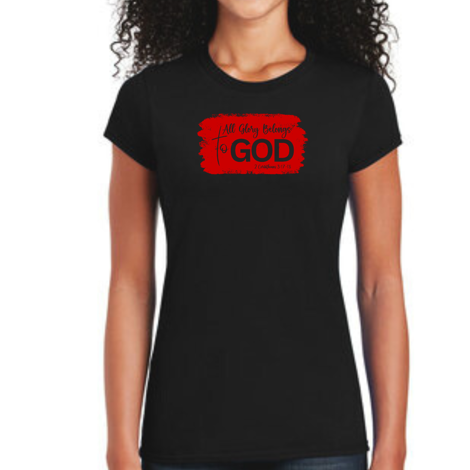 Women's red graphic t-shirt featuring 'All Glory Belongs to God' design, showcasing a modern and artistic style.