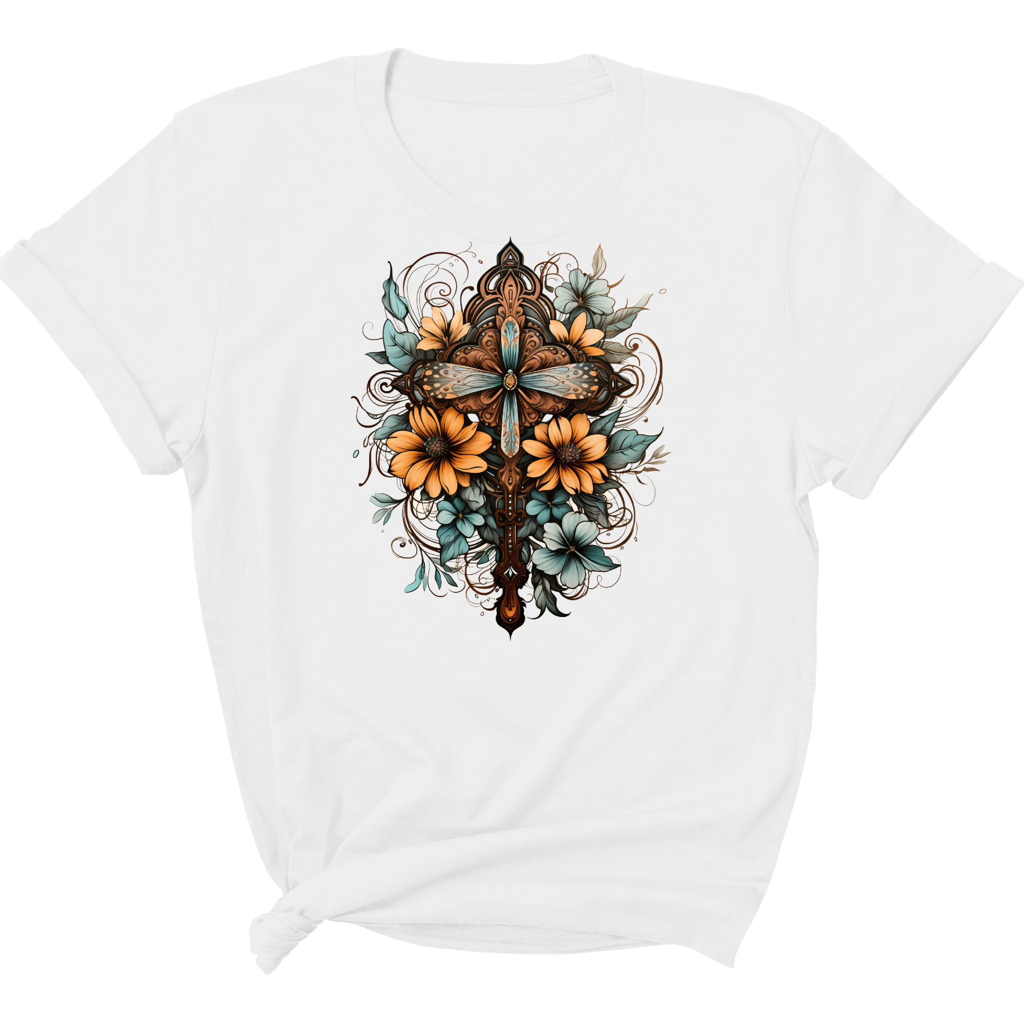 Womens Graphic T-shirt featuring a Christian Cross Floral Bouquet design in brown and blue, made from soft preshrunk cotton.