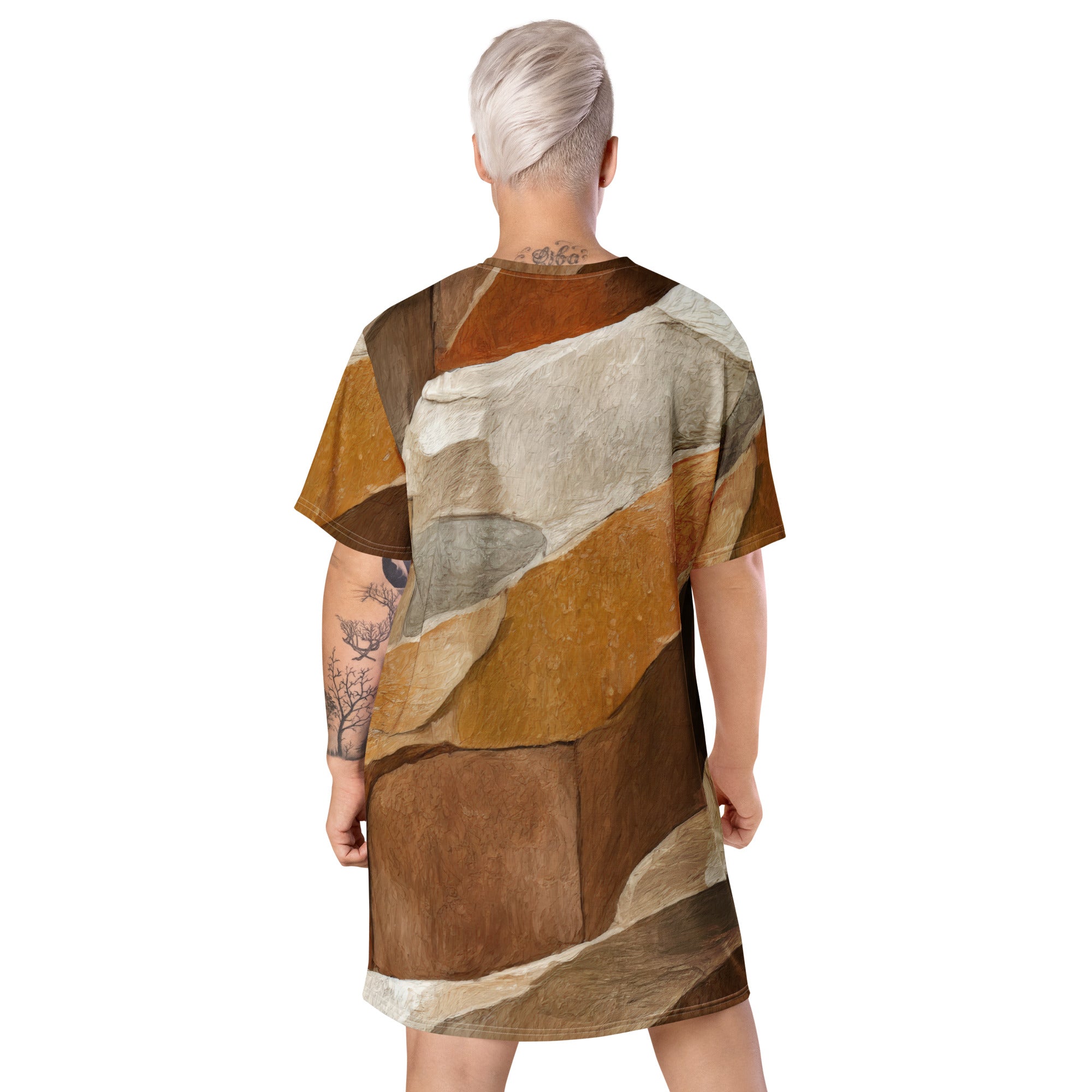 Womens Graphic T-shirt Dress featuring an Abstract Stone Print, showcasing its oversized fit and stylish design.