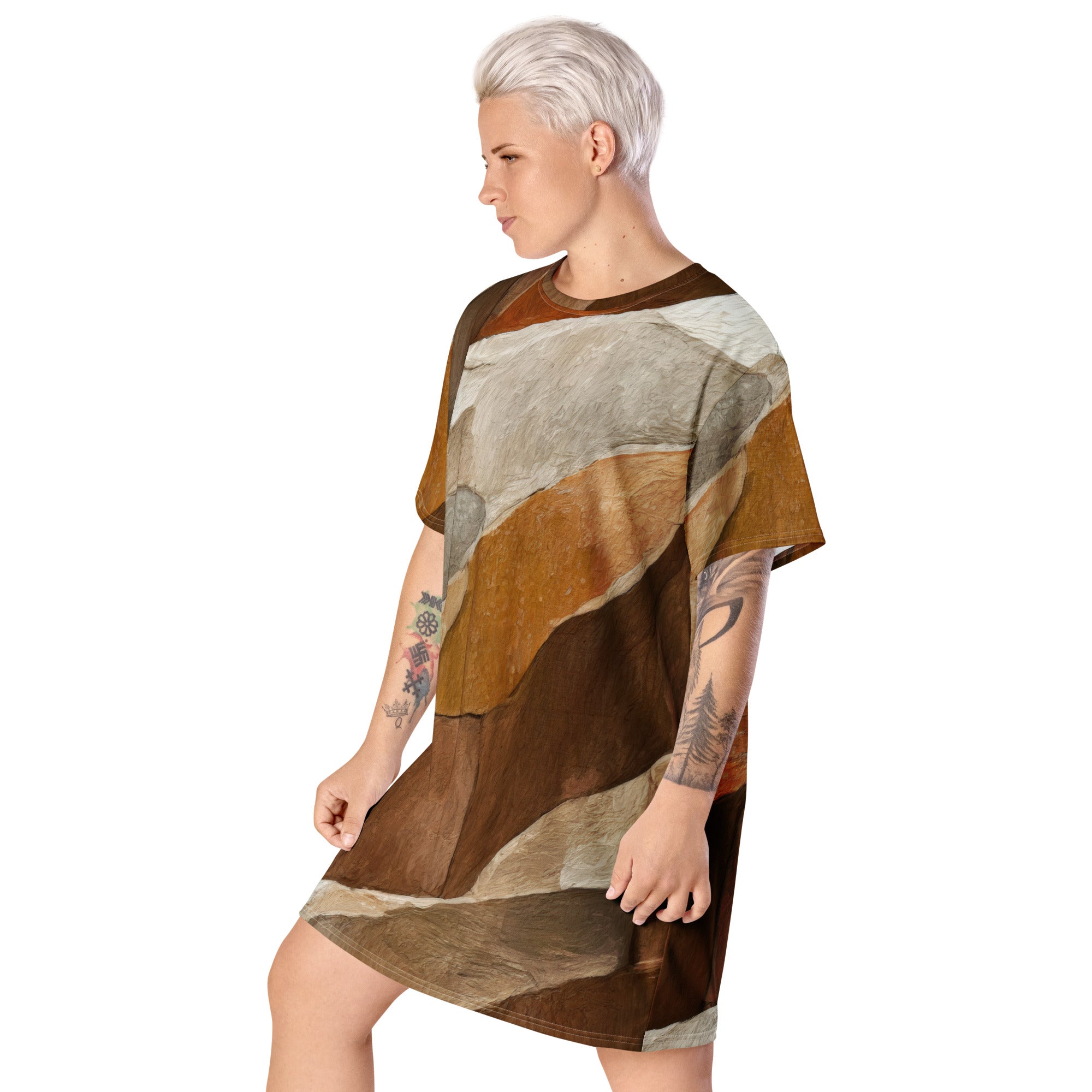 Womens Graphic T-shirt Dress featuring an Abstract Stone Print, showcasing its oversized fit and stylish design.